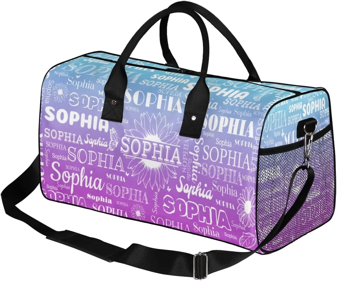 Custom Name Sport Duffel Bag, Sunflower Personalized Gym Bag for Women, Custom Travel Tote Bags for Dance Cheer, Overnight Weekender Bags, Blue Purple Gradient Bag