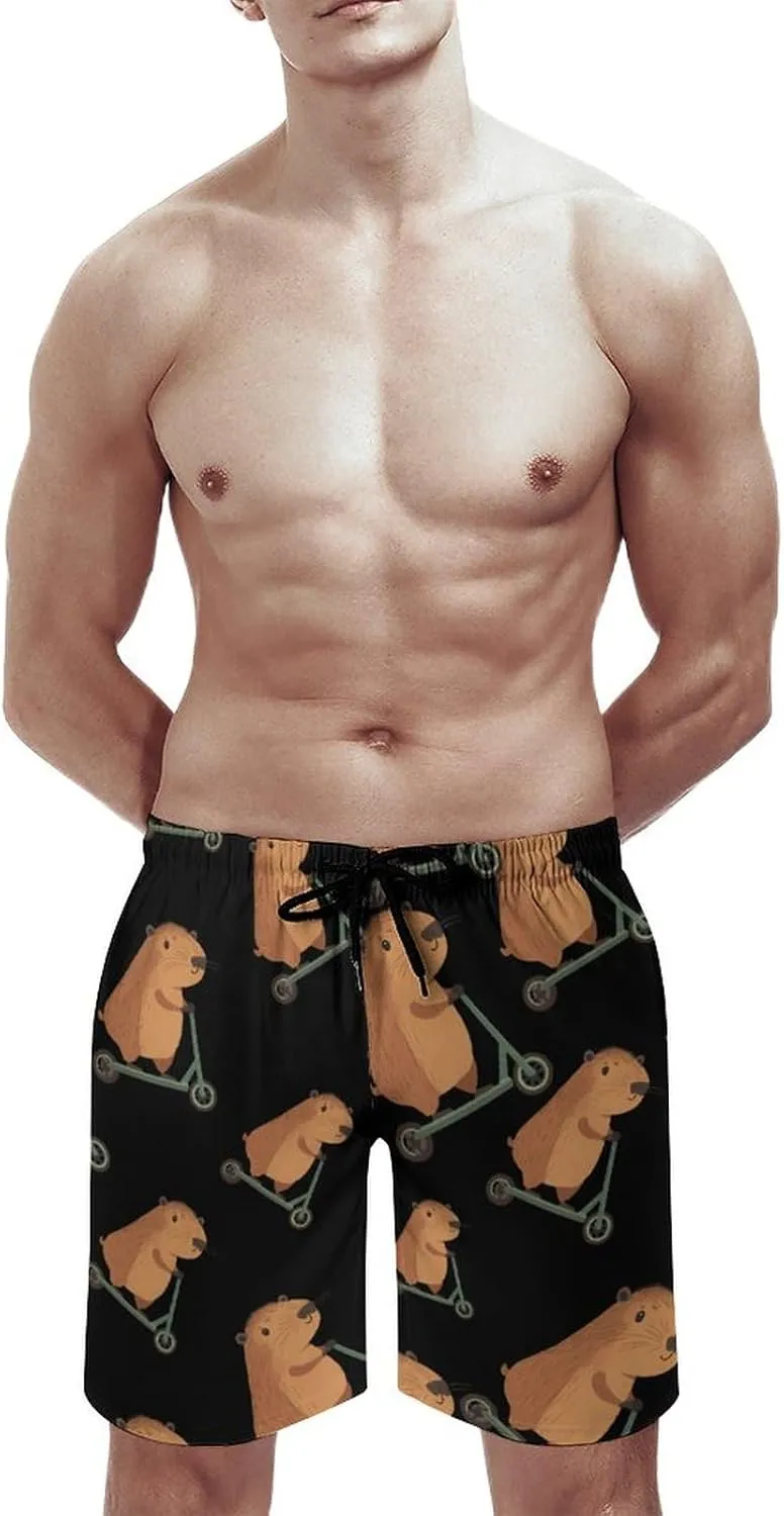 Cute Capybara Riding Scooter Beach Shorts for Men Swim Trunks Quick Dry Bathing Suit Drawstring Hawaiian Short