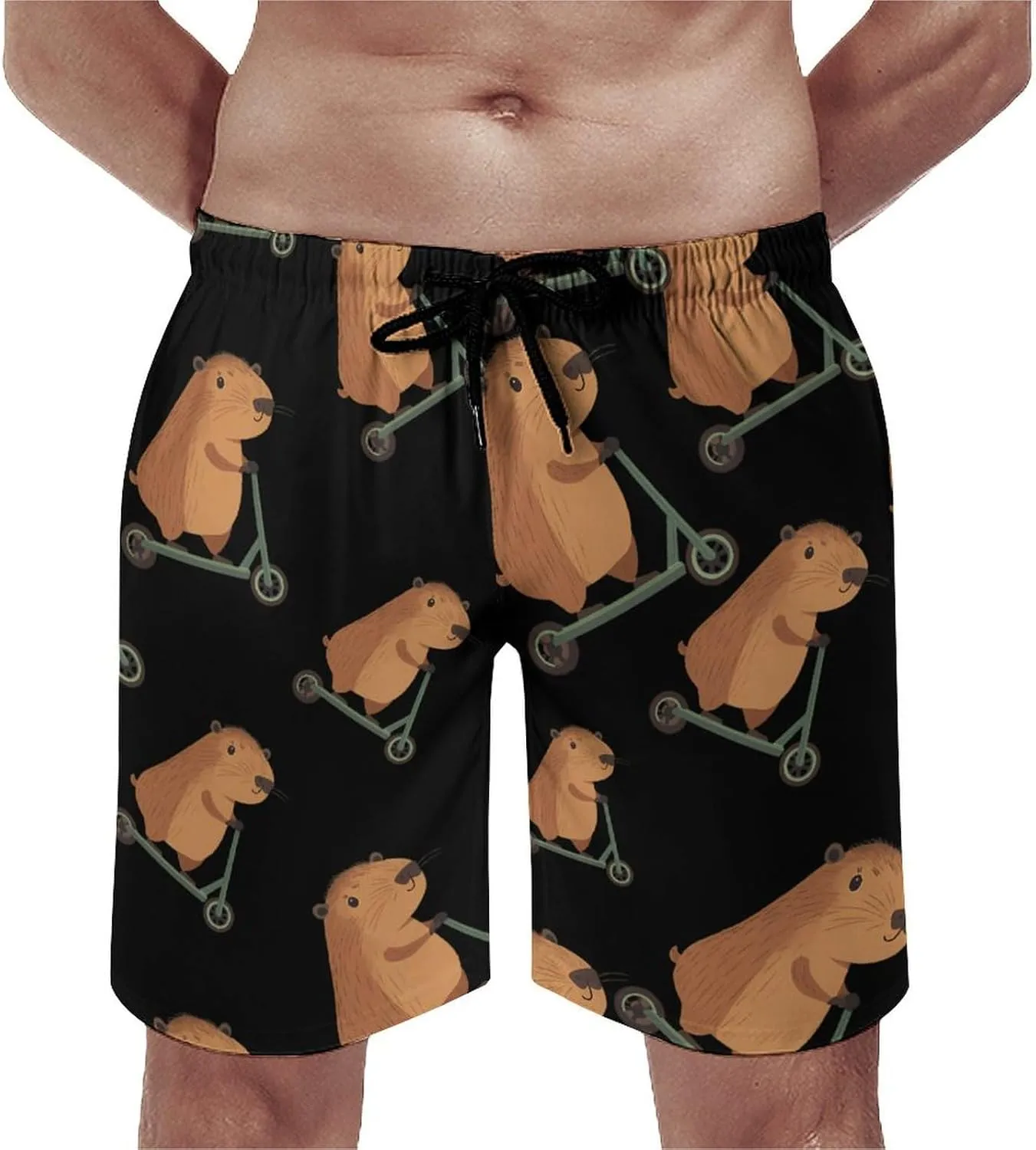 Cute Capybara Riding Scooter Beach Shorts for Men Swim Trunks Quick Dry Bathing Suit Drawstring Hawaiian Short