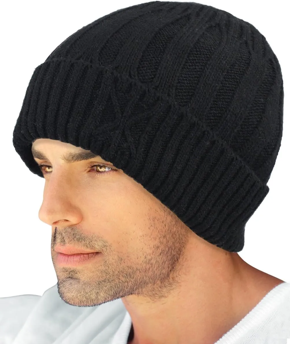 Dahlia Men's Skullies & Beanies - Wool, Knit Winter Hat, Fleece Lined,