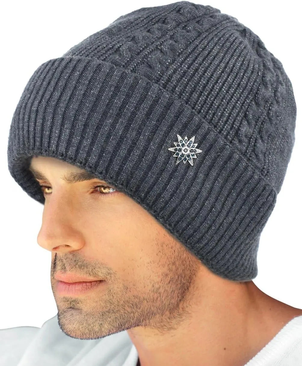 Dahlia Men's Skullies & Beanies - Wool, Knit Winter Hat, Fleece Lined,