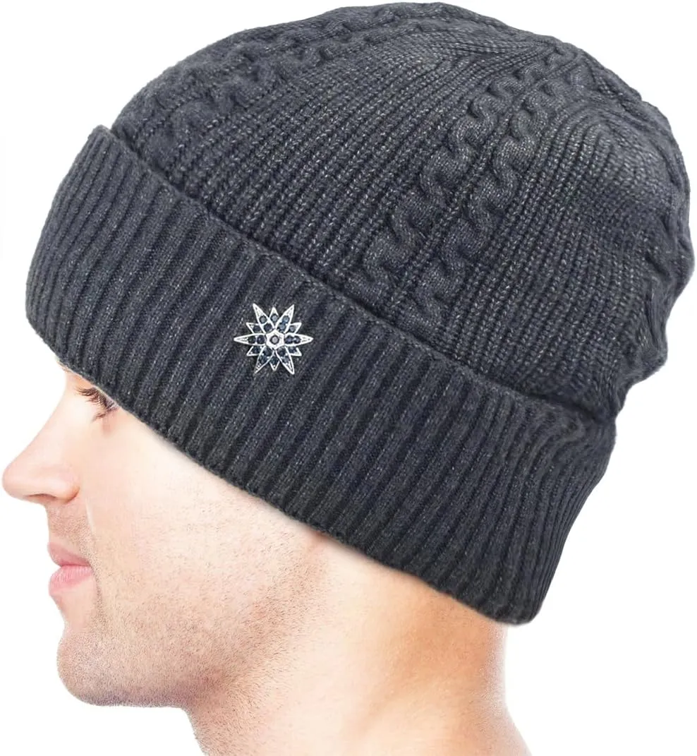 Dahlia Men's Skullies & Beanies - Wool, Knit Winter Hat, Fleece Lined,