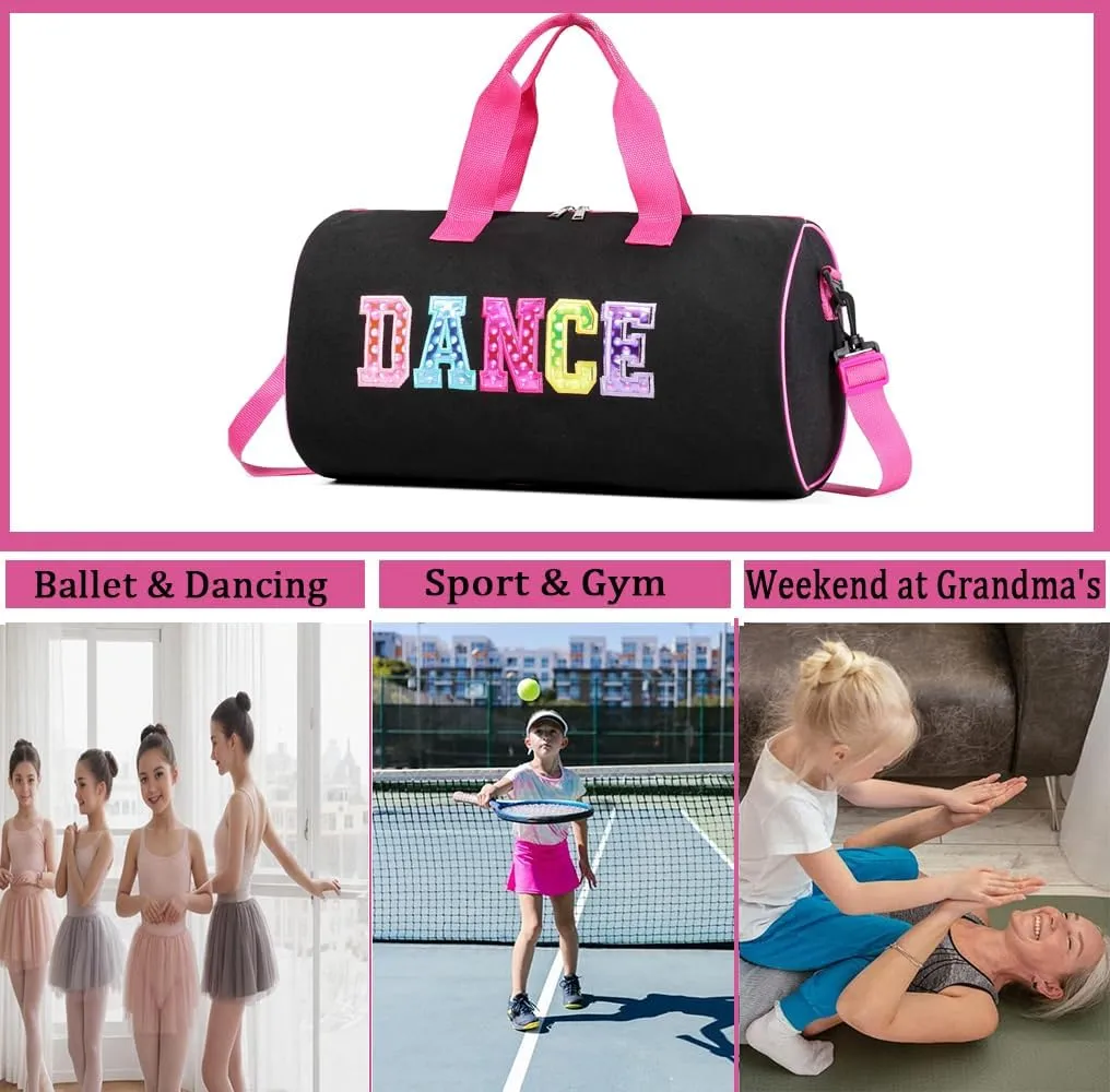 Dance Duffle Bag for Girls, Kids Toy Storage Bag,Weekend Bag,Overnight Bag,Gymnastics bag 17""Lx9""Wx9""H (Rose set-clear letter bag)
