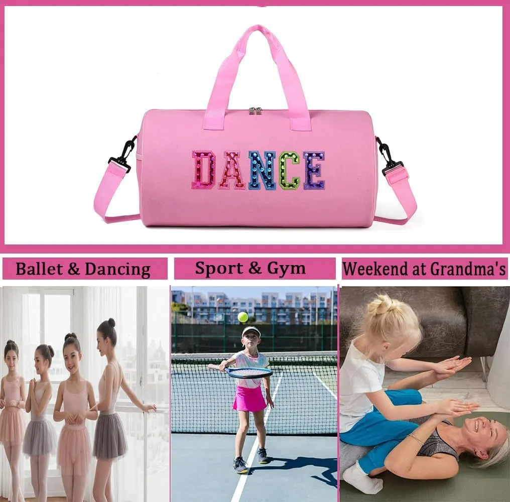 Dance Duffle for Girls, Kids Toy Storage, Weekend/Overnight Bag, Gymnastics 17"Lx9"Wx9"H (Pink Set-Clear Letter Bag)