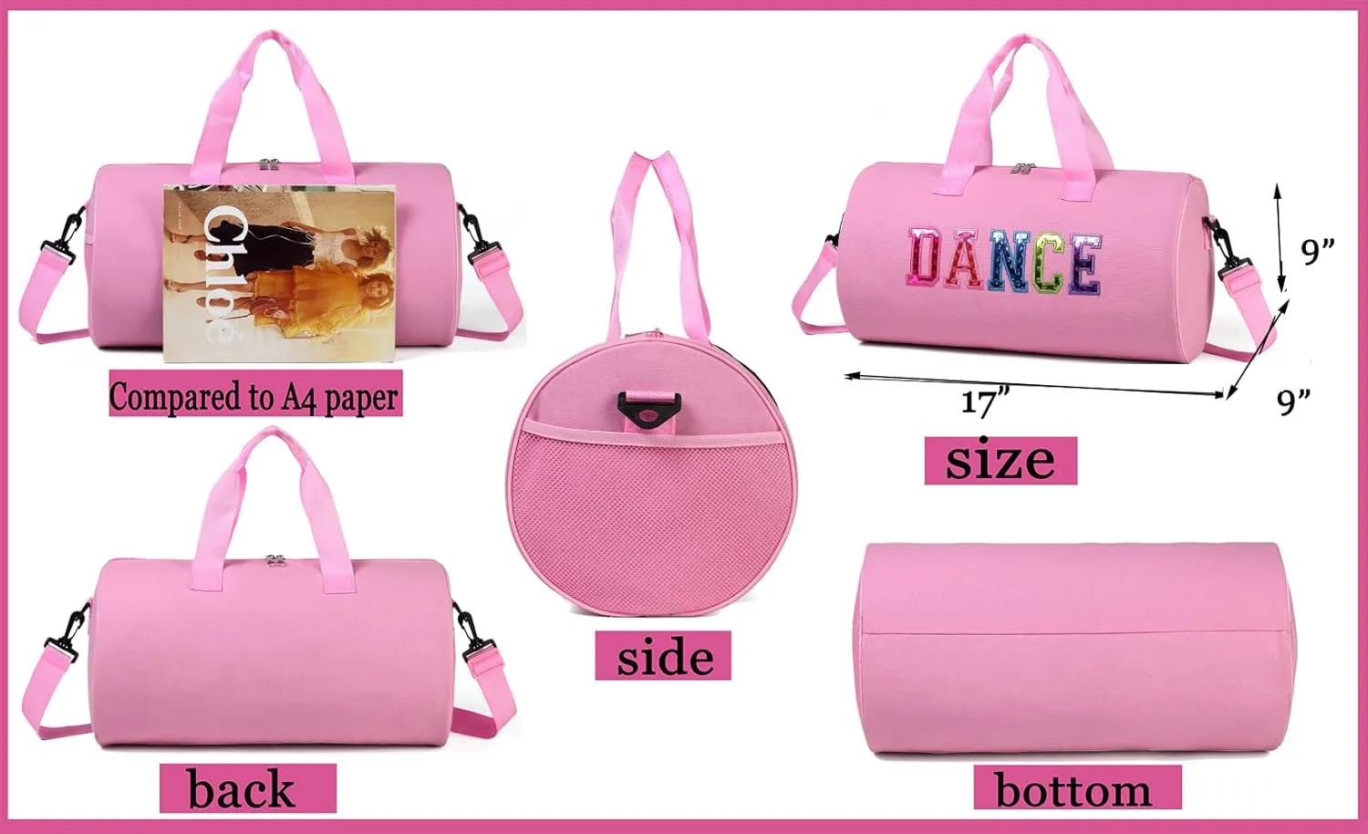 Dance Duffle for Girls, Kids Toy Storage, Weekend/Overnight Bag, Gymnastics 17"Lx9"Wx9"H (Pink Set-Clear Letter Bag)