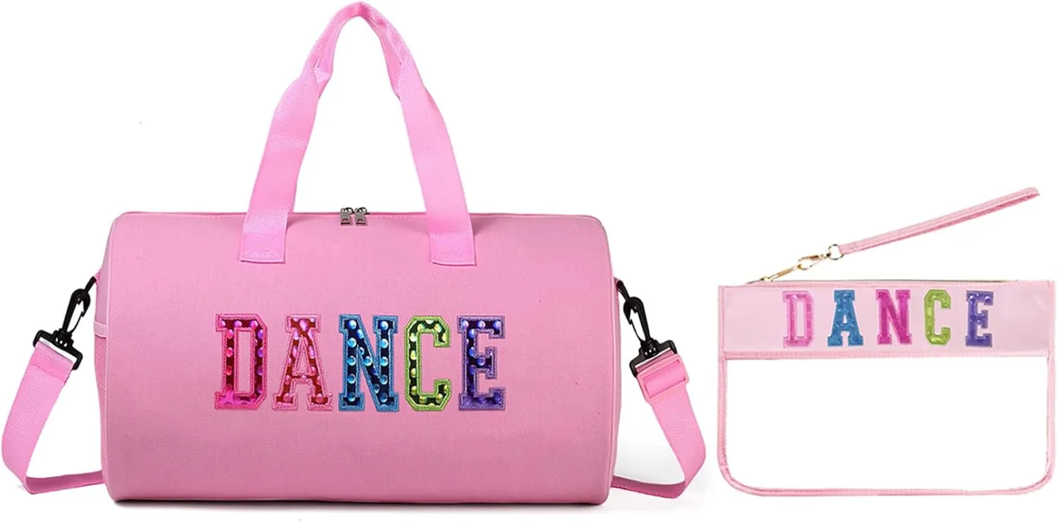 Dance Duffle for Girls, Kids Toy Storage, Weekend/Overnight Bag, Gymnastics 17"Lx9"Wx9"H (Pink Set-Clear Letter Bag)