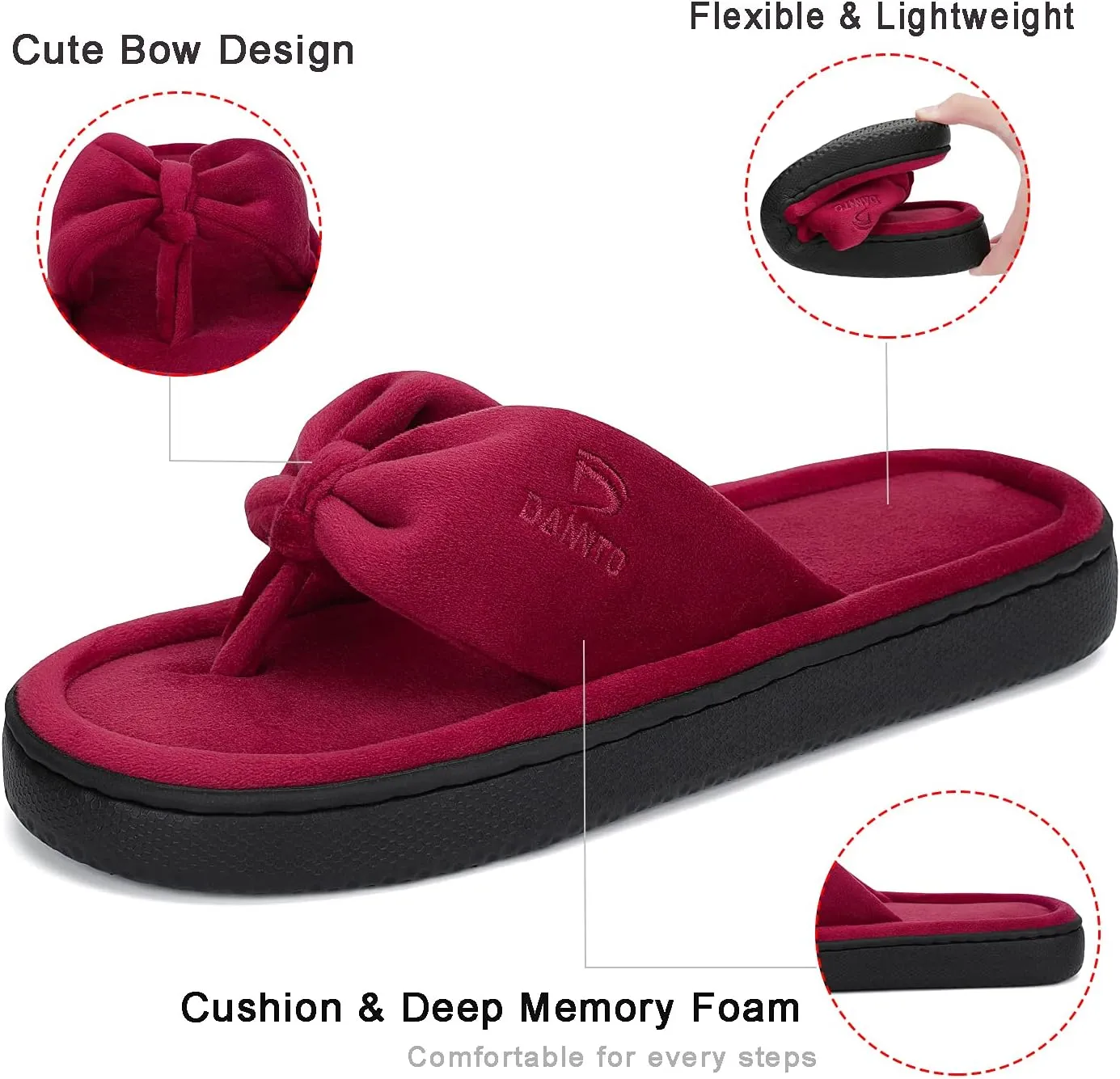 Dannto Women's House Slippers Memory Foam Flip Flops Thong Indoor Shoes Open Toe