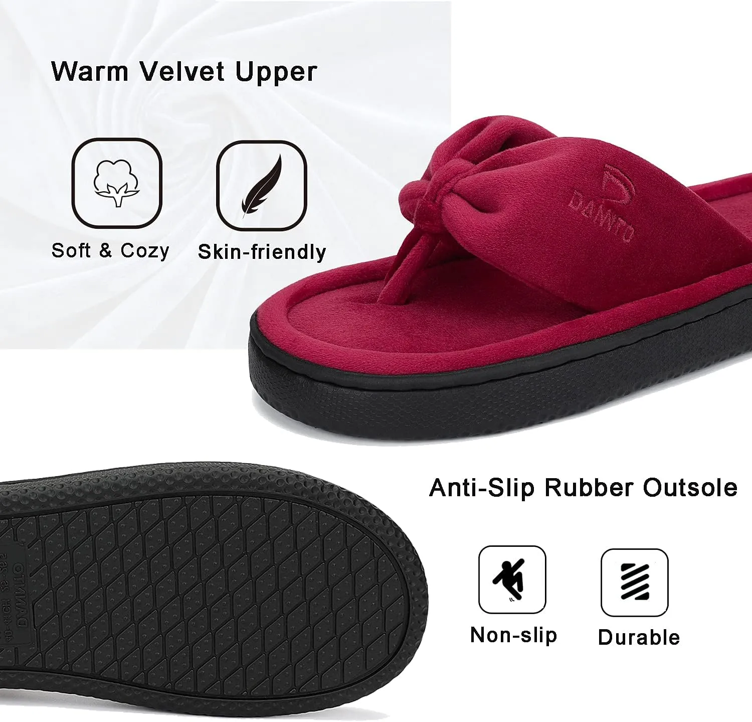 Dannto Women's House Slippers Memory Foam Flip Flops Thong Indoor Shoes Open Toe