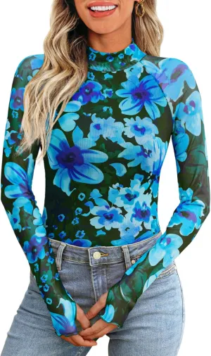 Dealmore Lace Long Sleeve Floral Mesh Mockneck Going Out Tops for Women Fashion Fall Outfits 2025