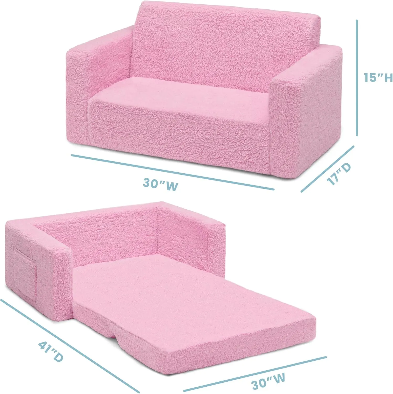 Delta Children Cozee Flip-Out Sherpa 2-in-1 Convertible Sofa to Lounger for Kids, Pink