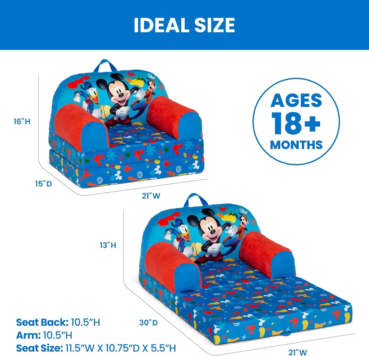 Delta Children - Mickey Mouse Cozee Buddy Flip-Out Kids Chair, Blue