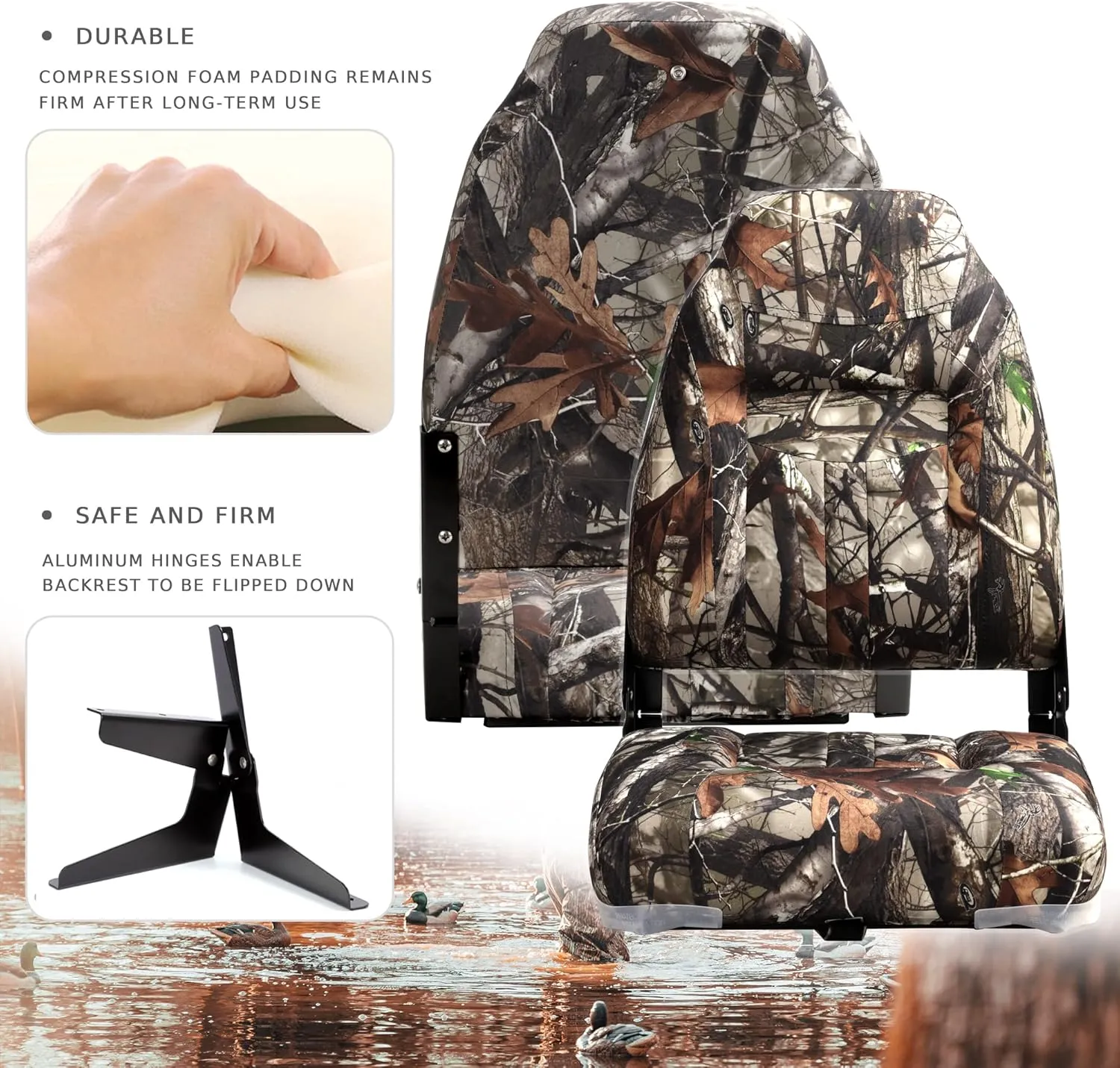 Deluxe Camo High Back Folding Fishing Boat Seat,Stainless Steel Screws Included