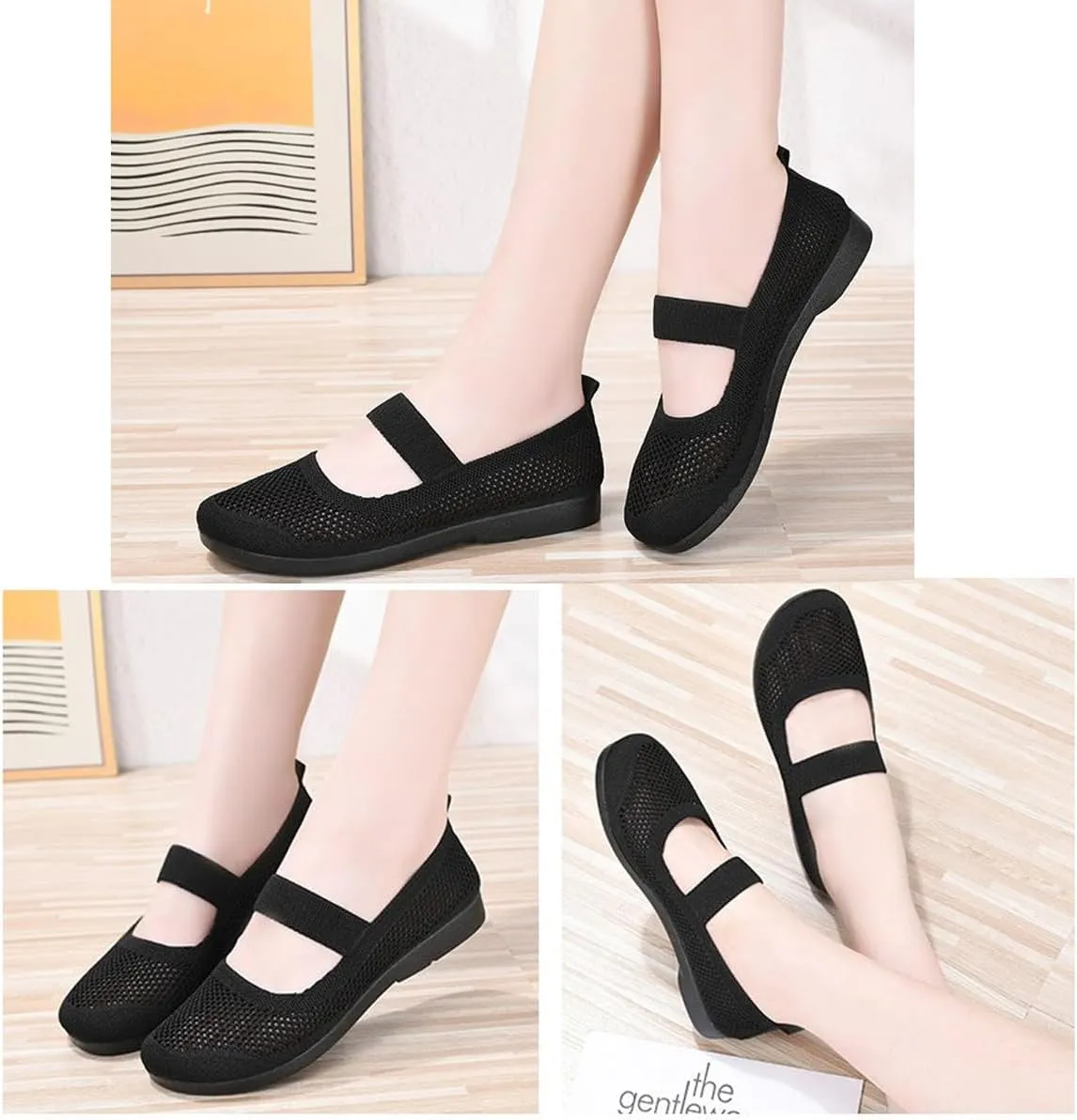 DESESE Women's Casual Hollow Out Knitted Mary Jane Flats Shoes,Fashion Comfortable Mesh Walking Beach Shoes Lightweight Breathable Slip-On Shoes