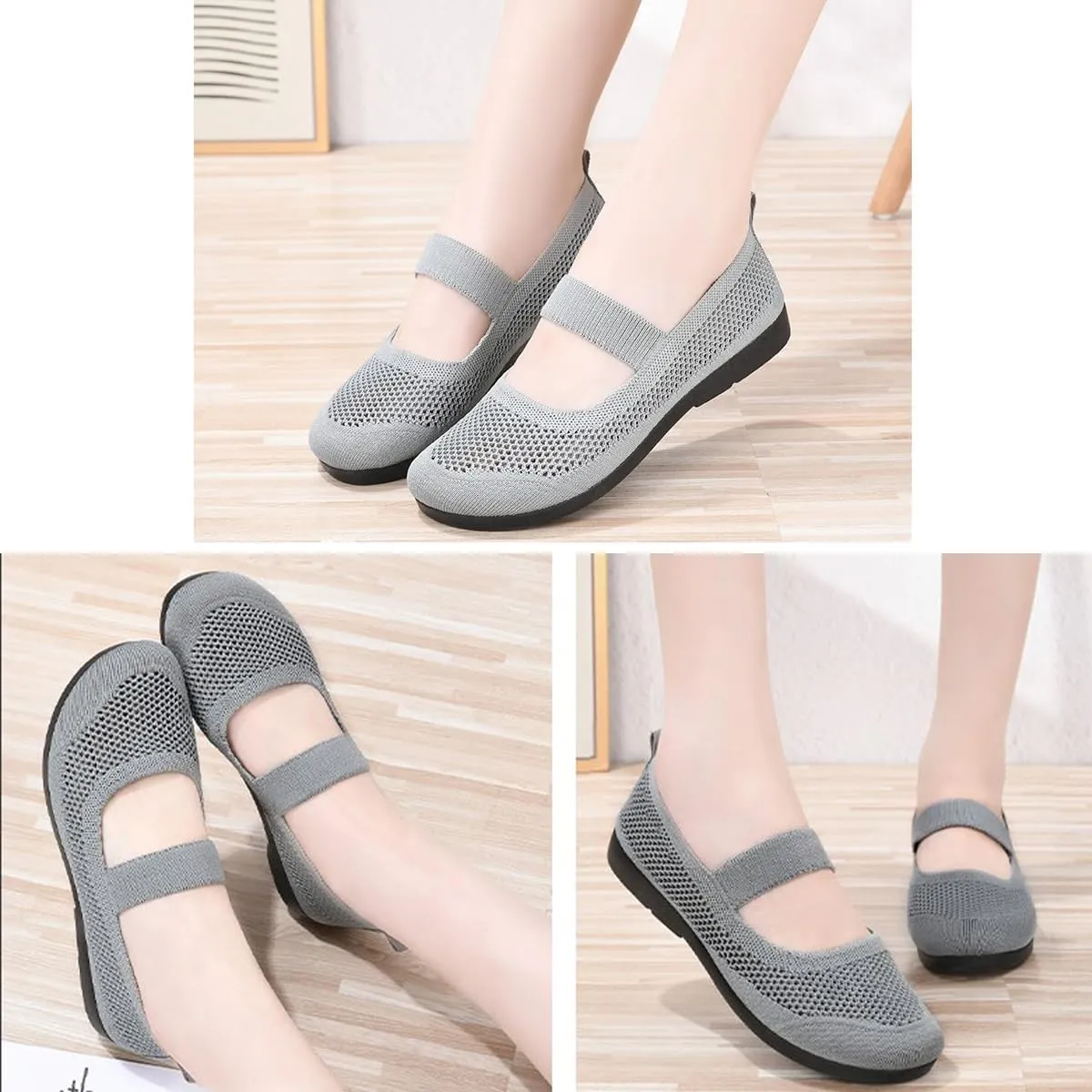 DESESE Women's Casual Hollow Out Knitted Mary Jane Flats Shoes,Fashion Comfortable Mesh Walking Beach Shoes Lightweight Breathable Slip-On Shoes