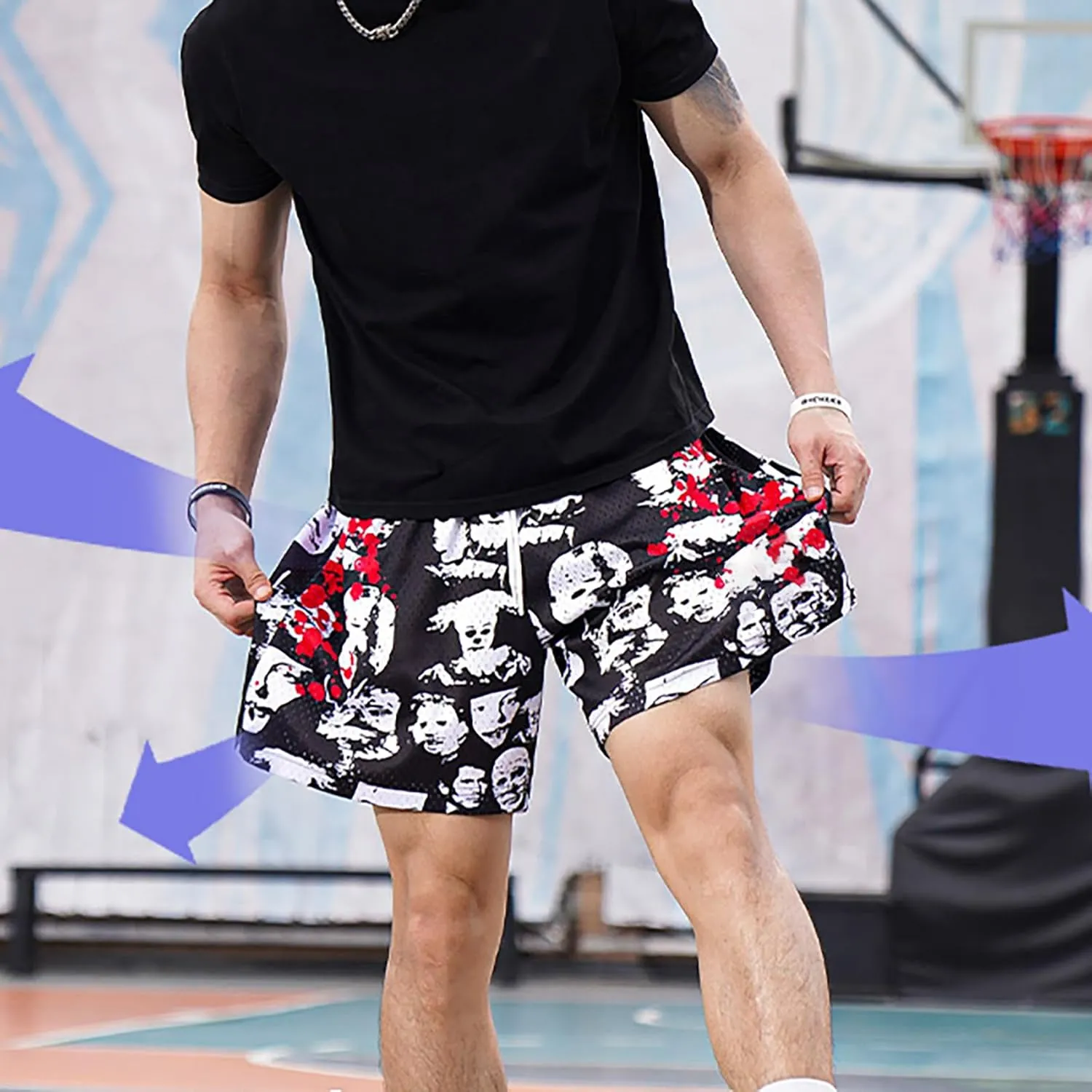 DIOTSR Mens Graphic Print Shorts Cool Mesh Basketball Shorts Casual Flat Front Shorts Summer Drawstring