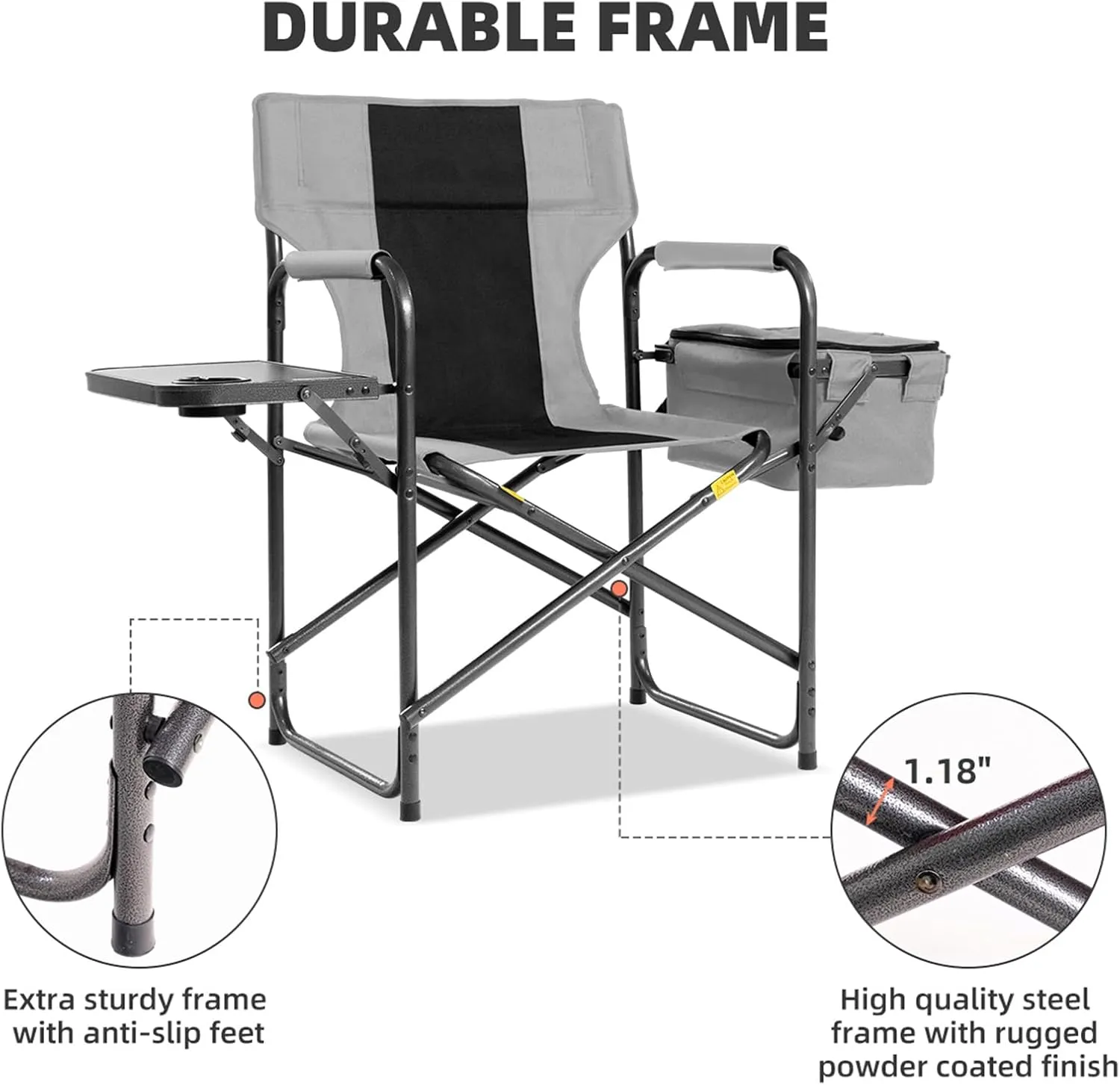Director Camping Chair Set of 2 with Cooler Bag & Foldable Side Tray - 400lbs Heavy Duty Outdoor Folding Lawn Chair, Portable Camp Chair for Fishing/Backyard (Black & Gray)