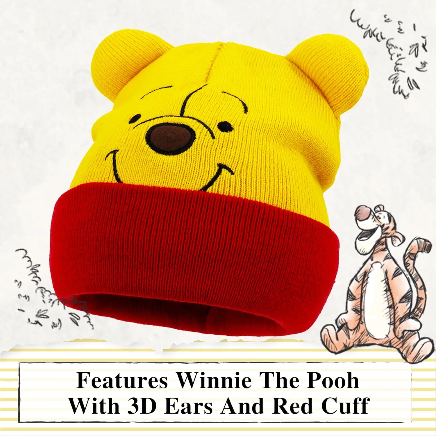 Disney Winnie The Pooh Beanie Hat, Winter Knit Cap with 3D Ears, Yellow