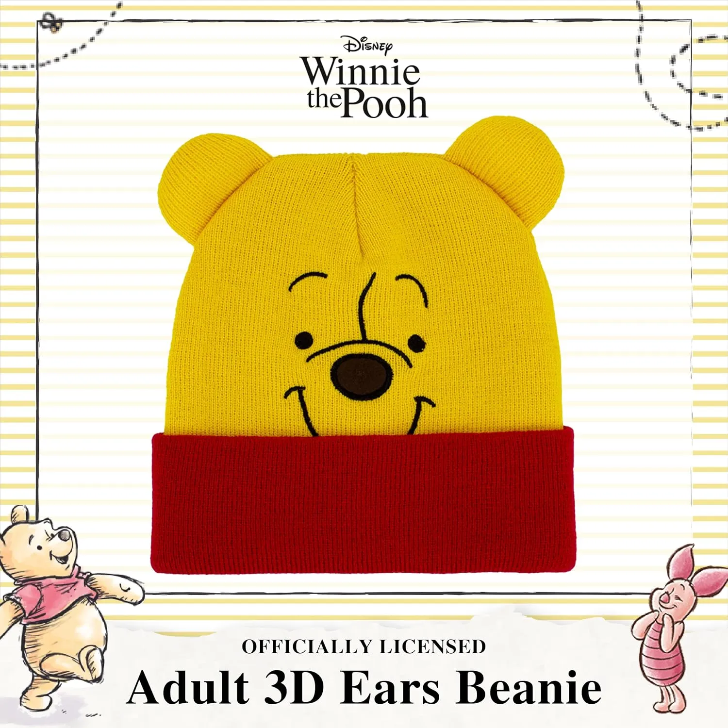 Disney Winnie The Pooh Beanie Hat, Winter Knit Cap with 3D Ears, Yellow