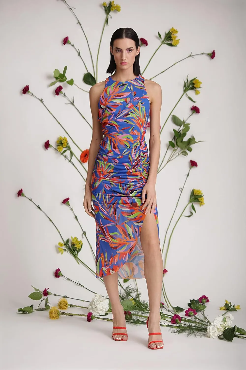 Donna Morgan Women's Ruched Halter Racer Back Midi