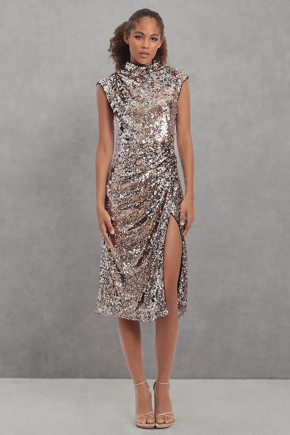 Donna Morgan Women's Sequin Mock Neck Midi Dress with Slit
