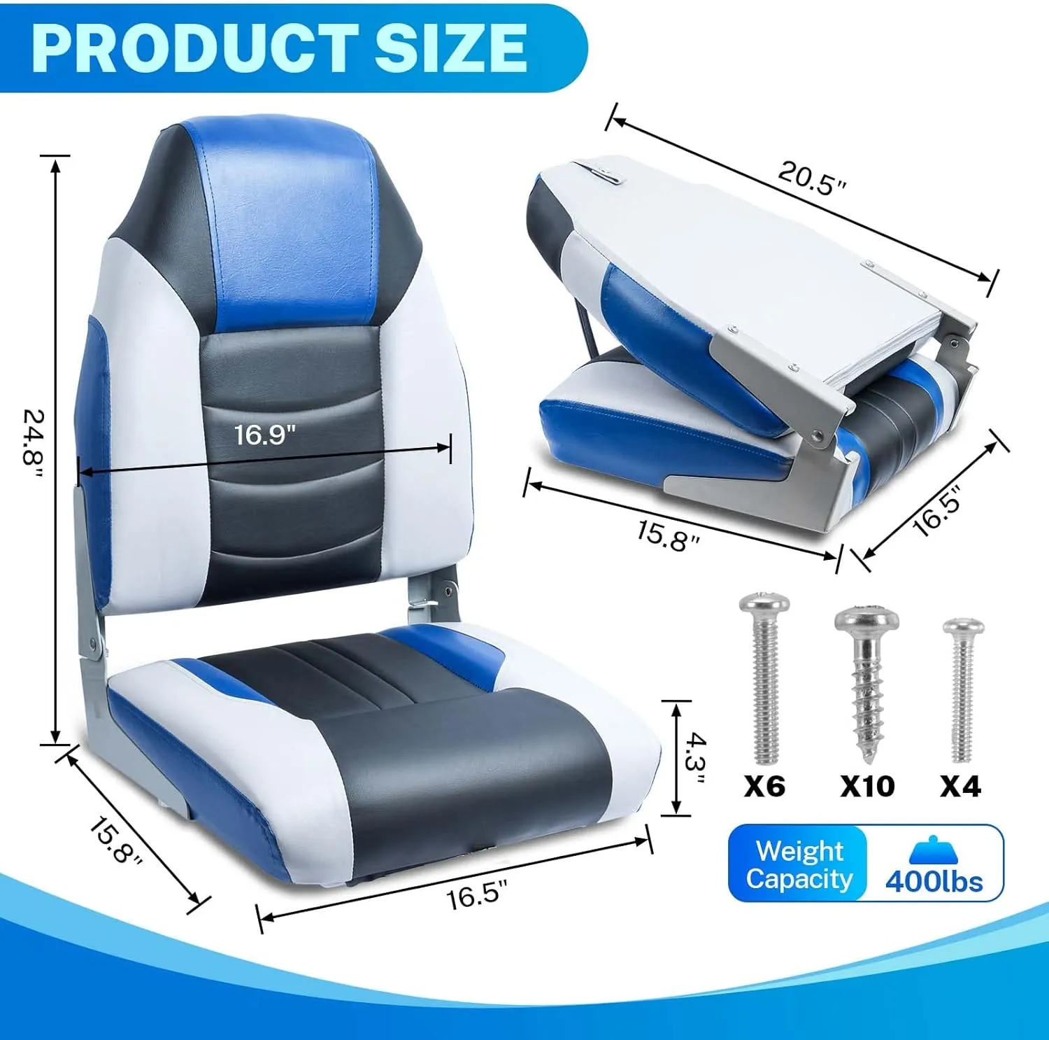 Dreizack Boat Seats 2 Packs, Folding High Back Fishing Waterproof Universal Pontoon Boat Seat Bass Tracker Boat Chairs with Stainless Steel Screws, Aluminum Hinges and Thickened Cushion