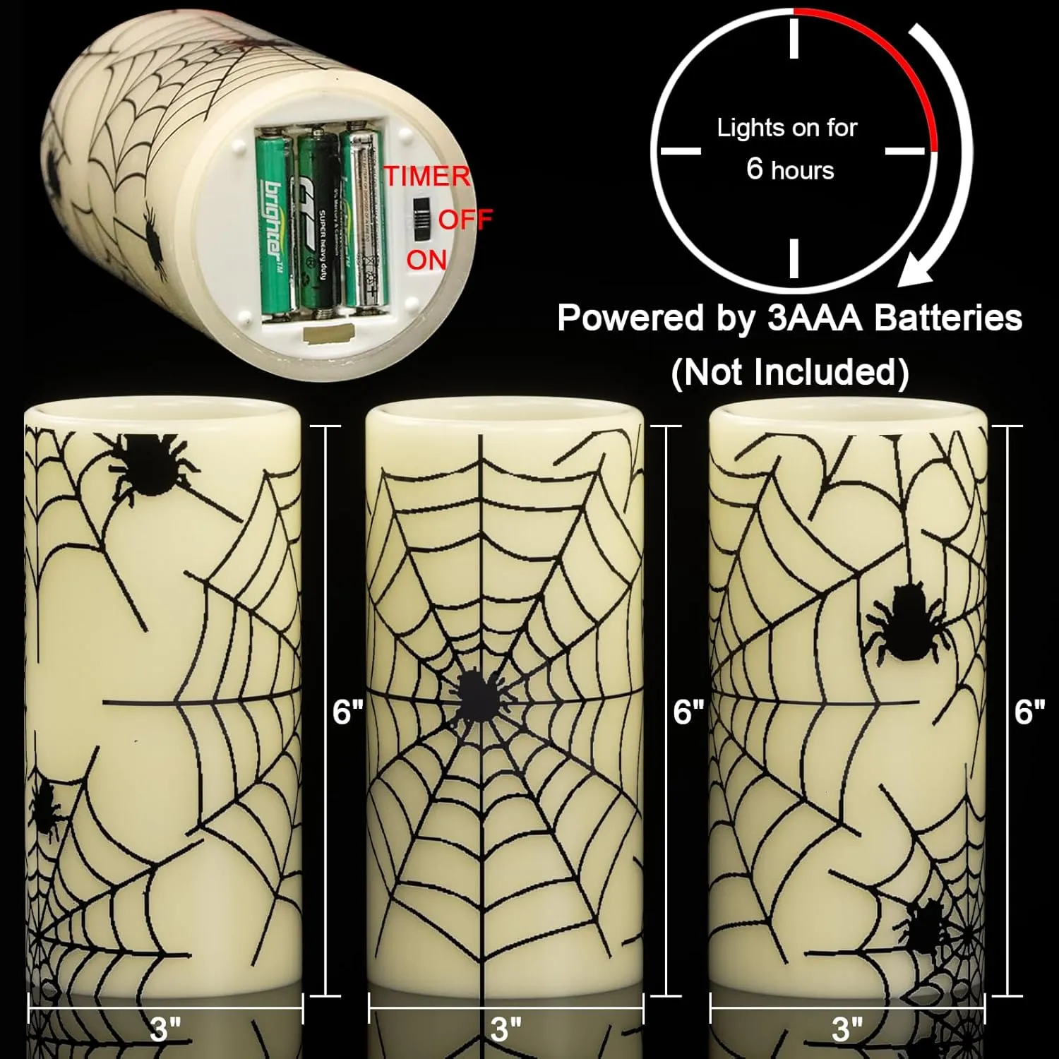 DRomance Flameless Candles Battery Operated with Timer, Set of 3 Spider Cobweb Decals Yellow Light Real Wax LED Flickering Pillar Candles Dinner Tabletop Halloween Home Decoration (3" x 6")