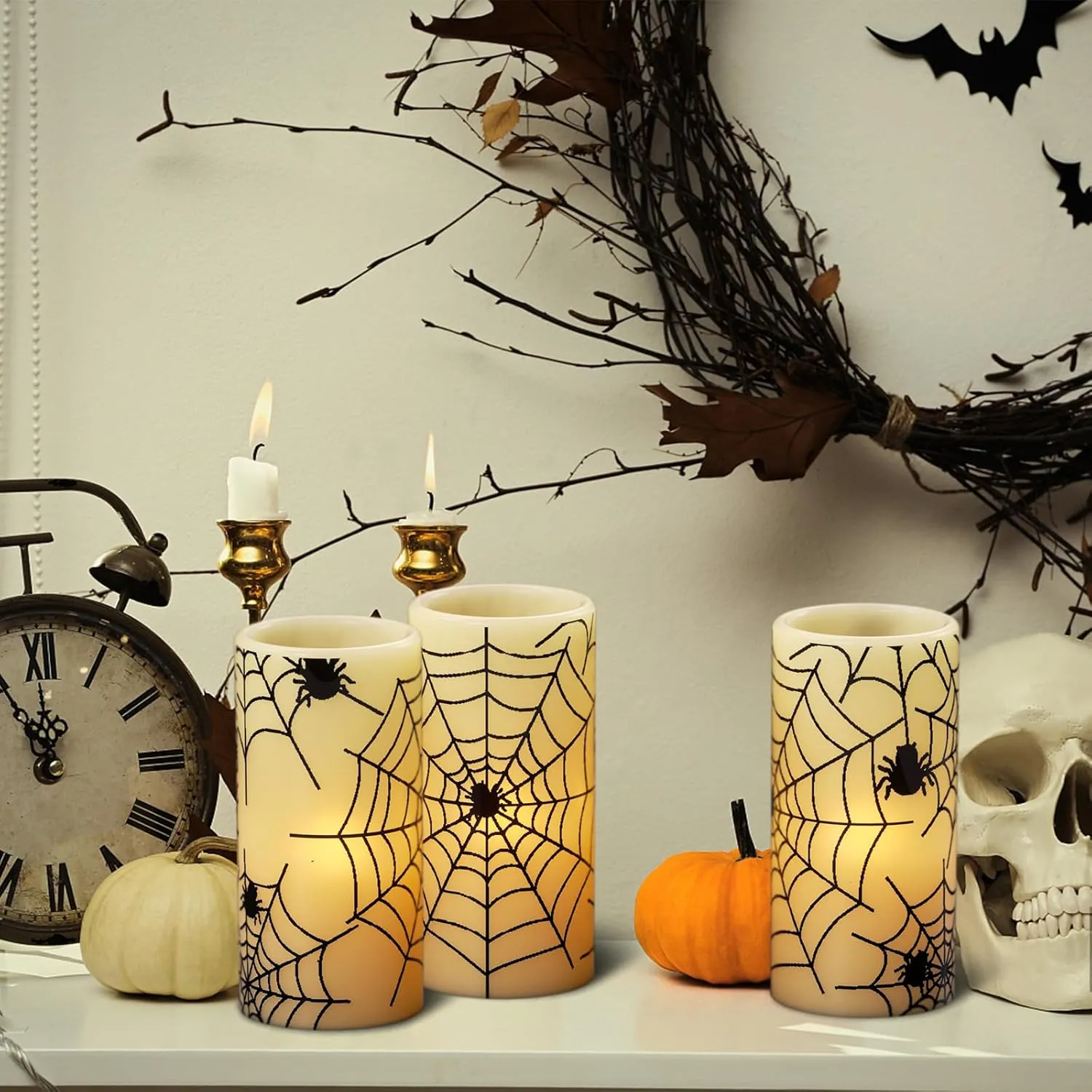 DRomance Flameless Candles Battery Operated with Timer, Set of 3 Spider Cobweb Decals Yellow Light Real Wax LED Flickering Pillar Candles Dinner Tabletop Halloween Home Decoration (3" x 6")