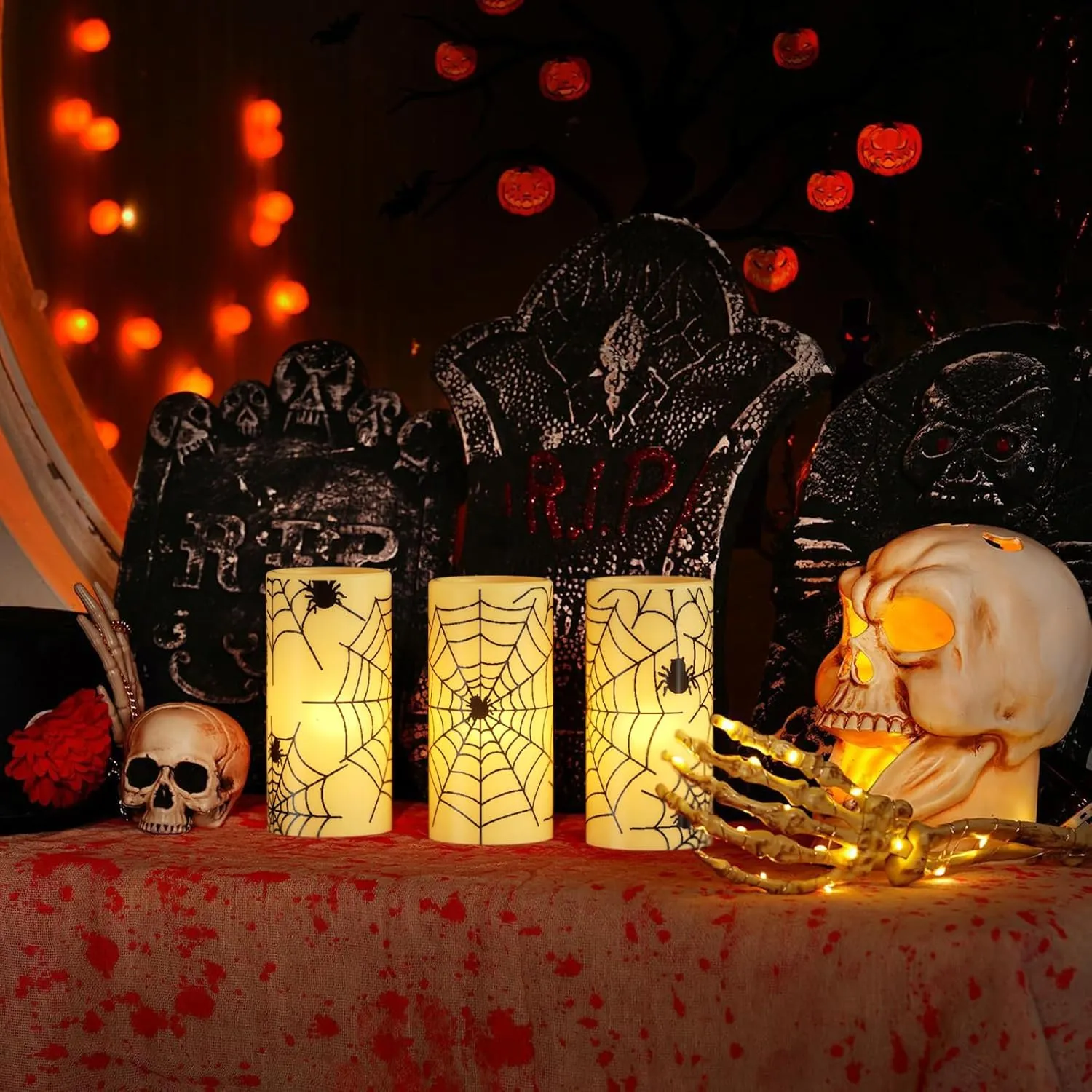 DRomance Flameless Candles Battery Operated with Timer, Set of 3 Spider Cobweb Decals Yellow Light Real Wax LED Flickering Pillar Candles Dinner Tabletop Halloween Home Decoration (3" x 6")