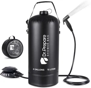 DR.PREPARE Camping Shower, 4 Gallons/15L Portable Shower with Foot Pump, Large Water Inlet, Outdoor Camp Shower Bag for Camping, Beach, Hiking, Climbing