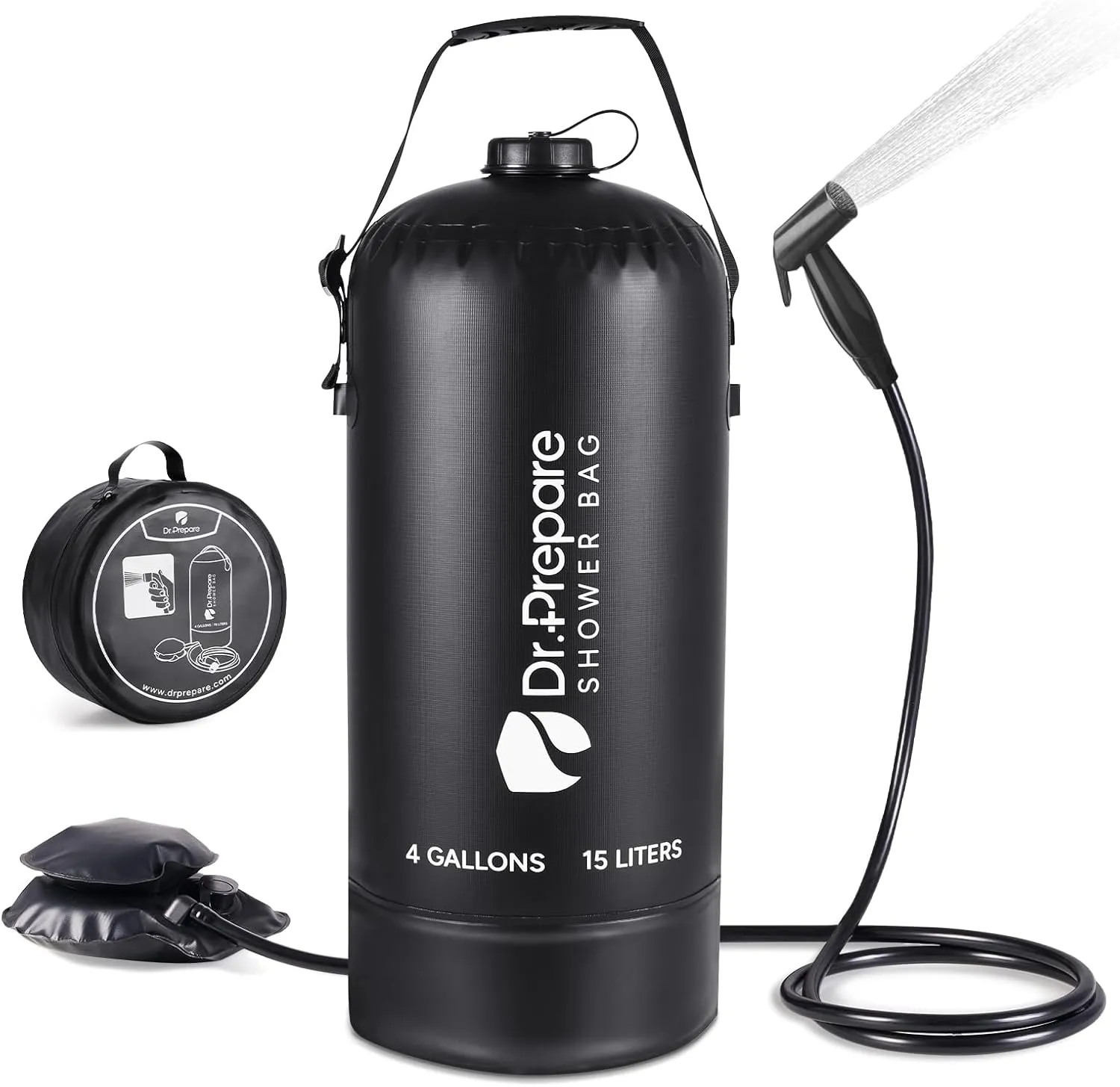 DR.PREPARE Camping Shower, 4 Gallons/15L Portable Shower with Foot Pump, Large Water Inlet, Outdoor Camp Shower Bag for Camping, Beach, Hiking, Climbing