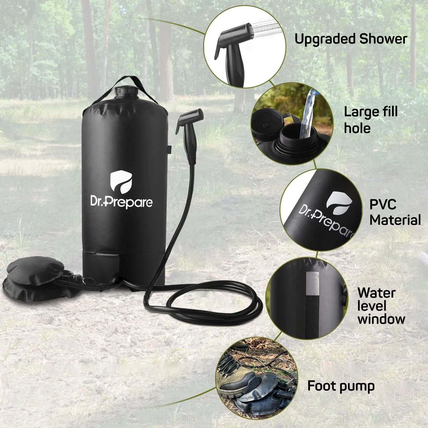 DR.PREPARE Camping Shower, 4 Gallons/5 Gallons Portable Shower with Pump, Outdoor Shower Bag for Camping, Hiking, Traveling, Beach