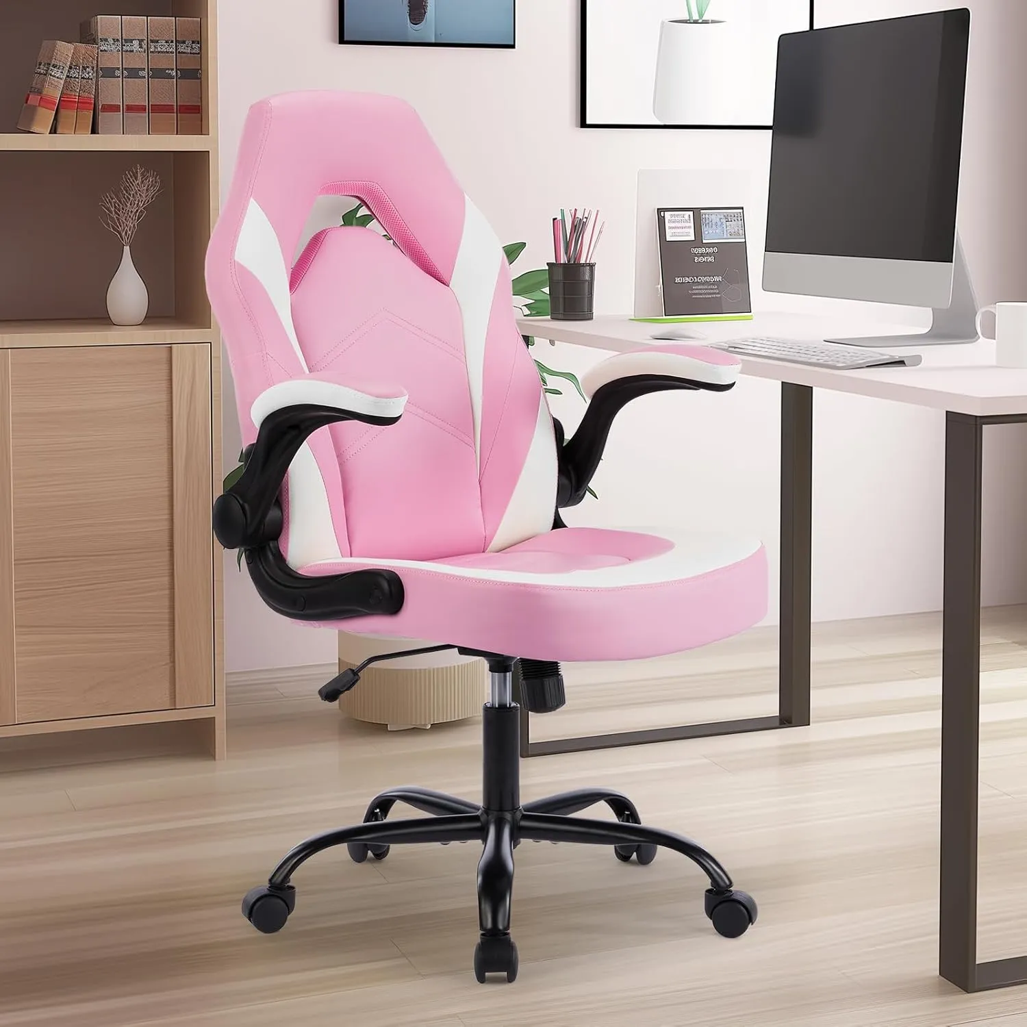 DUMOS Ergonomic Computer Gaming Chair - Home Office Desk with PU Leather Lumbar Support, Height Adjustable Big and Tall Video Game with Flip-up Armrest, Swivel Wheels for Adults