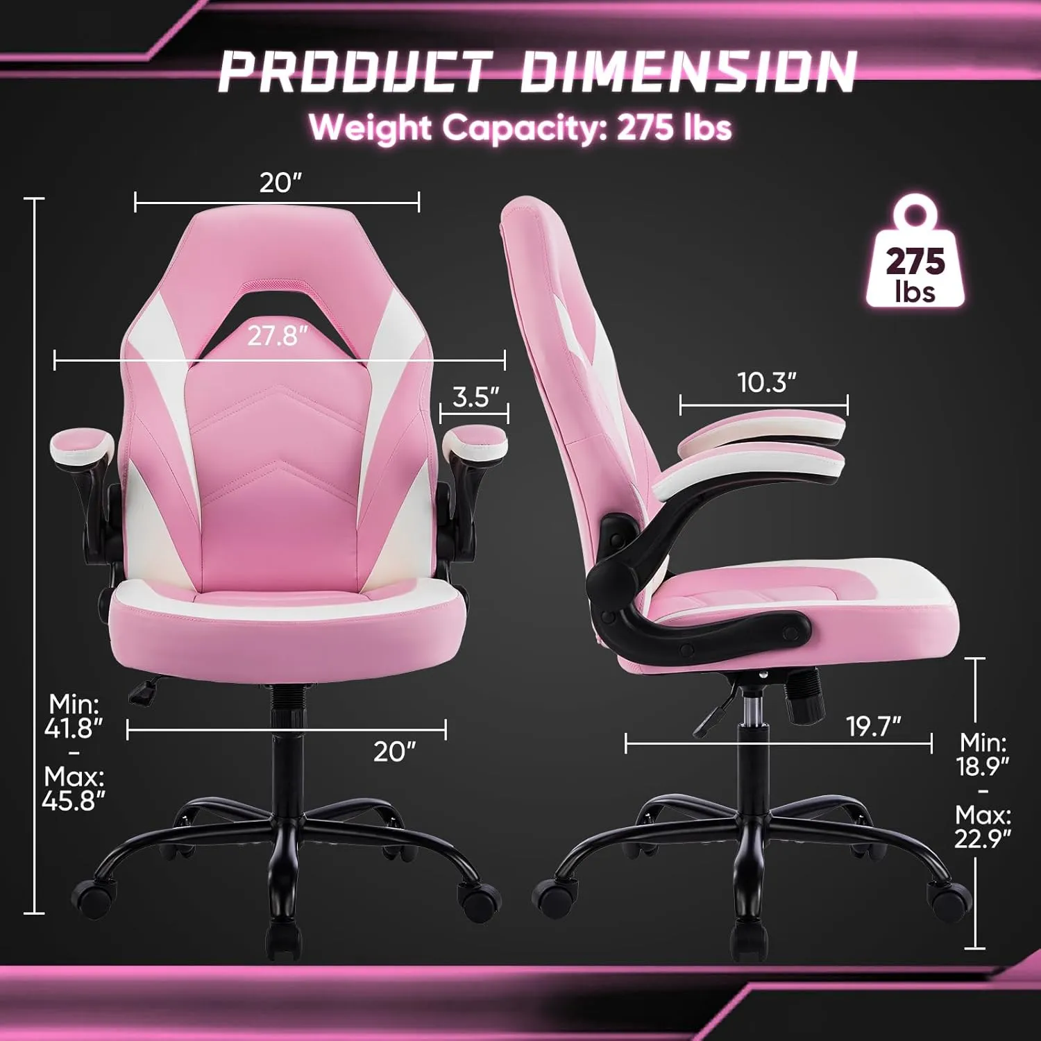 DUMOS Ergonomic Computer Gaming Chair - Home Office Desk with PU Leather Lumbar Support, Height Adjustable Big and Tall Video Game with Flip-up Armrest, Swivel Wheels for Adults