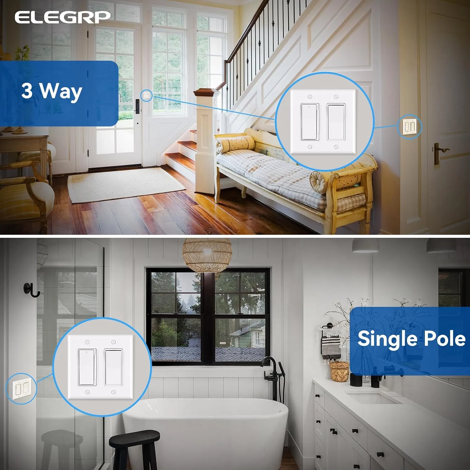 ELEGRP Digital Dimmer Light Switch for 300W Dimmable LED/CFL Lights and 600W Incandescent/Halogen, Single Pole/3-Way LED Slide Dimmer Light Switch, Wall Plate Included, UL Listed, 1 Pack, Matte White
