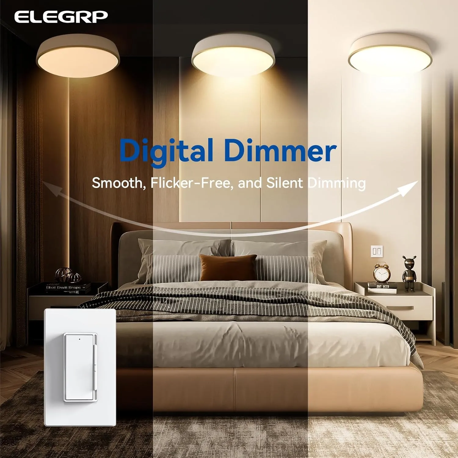 ELEGRP Digital Dimmer Light Switch for 300W Dimmable LED/CFL Lights and 600W Incandescent/Halogen, Single Pole/3-Way LED Slide Dimmer, Wall Plate Included, UL Listed, 6 Pack, Matte White