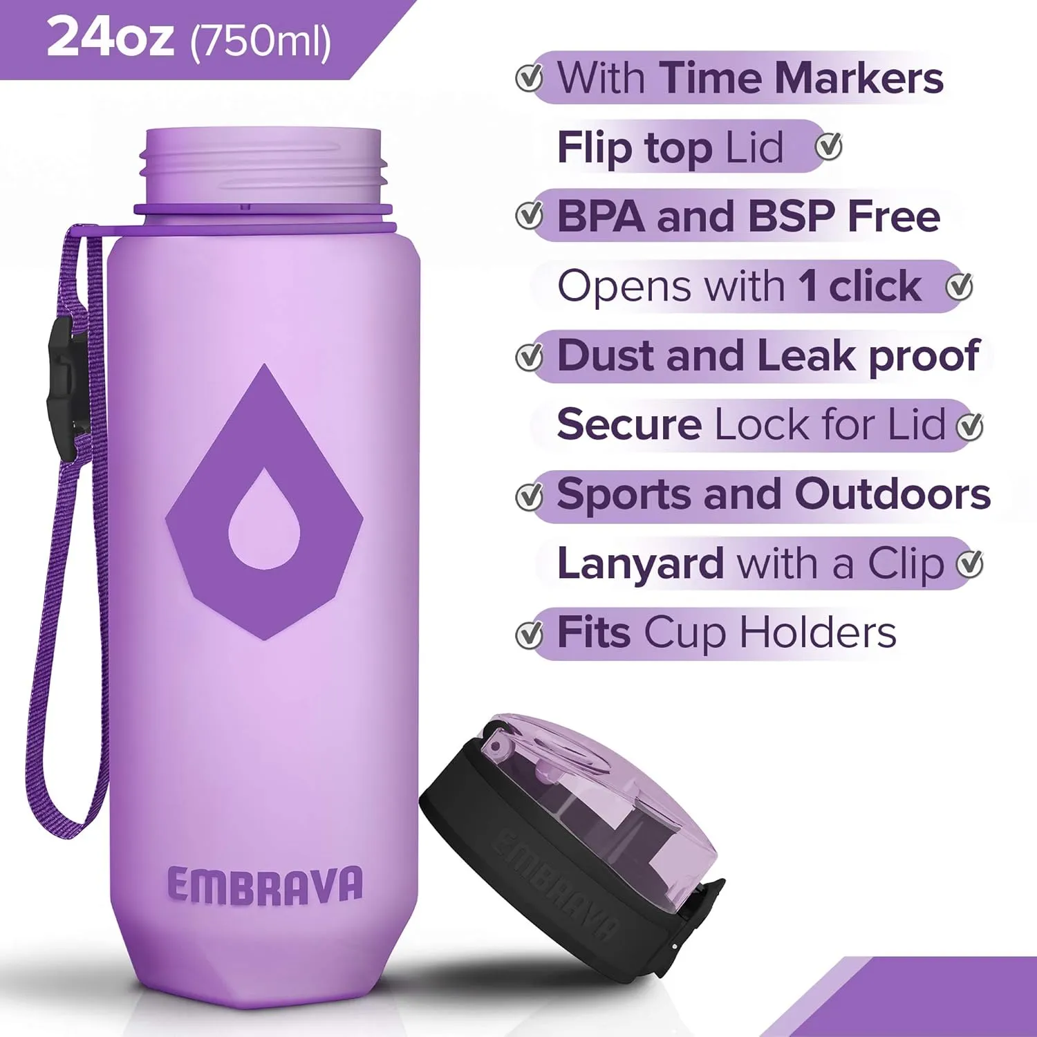 Embrava 24oz BPA-Free Plastic Sports Water Bottle For Gym, Yoga, Running