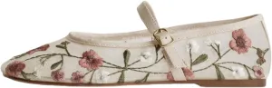 Embroidered Floral Mesh Ballet Flat for Women Round Toe Flats with Buckle Strap Slip On Mary Jane Flats Comfortable Casual Studded Ballerina Shoes