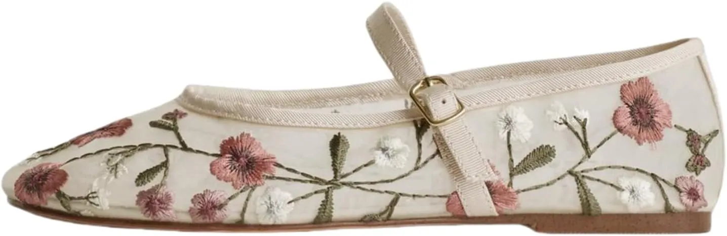 Embroidered Floral Mesh Ballet Flat for Women Round Toe Flats with Buckle Strap Slip On Mary Jane Flats Comfortable Casual Studded Ballerina Shoes
