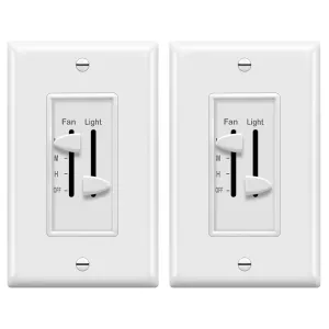 ENERLITES 3 Speed Ceiling Fan Control and Dimmer Light Switch, 2.5A Single Pole Light Fan Switch, 300W Incandescent Load, No Neutral Wire Required, 17001-F3-W, 120 Volts (AC), White, 2 Pack