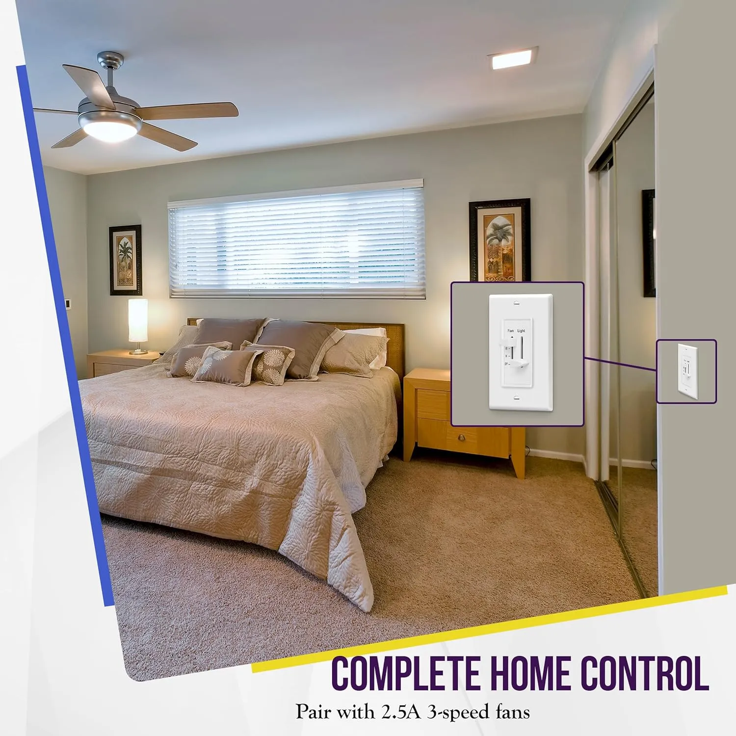ENERLITES 3 Speed Ceiling Fan Control and Dimmer Light Switch, 2.5A Single Pole Light Fan Switch, 300W Incandescent Load, No Neutral Wire Required, 17001-F3-W, 120 Volts (AC), White, 2 Pack