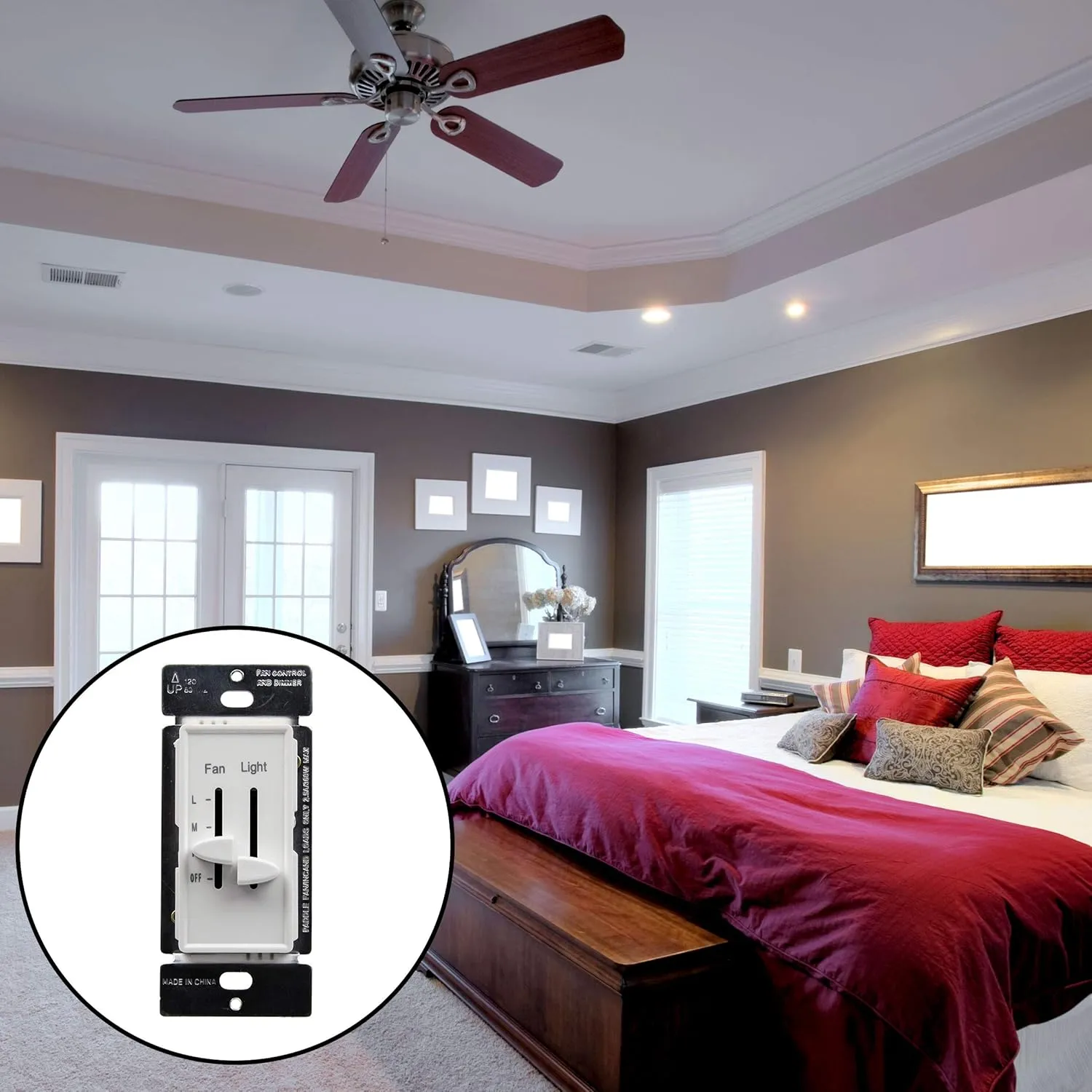 ENERLITES 3 Speed Ceiling Fan Control and Dimmer Light Switch, 2.5A Single Pole Light Fan Switch, 300W Incandescent Load, No Neutral Wire Required, 17001-F3-W, 120 Volts (AC), White, 2 Pack