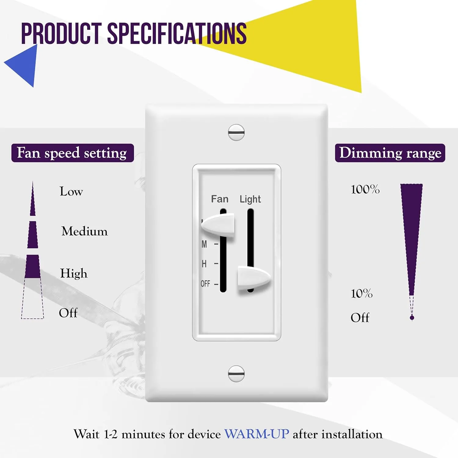 ENERLITES 3 Speed Ceiling Fan Control and Dimmer Light Switch, 2.5A Single Pole Light Fan Switch, 300W Incandescent Load, No Neutral Wire Required, 17001-F3-W, 120 Volts (AC), White, 2 Pack