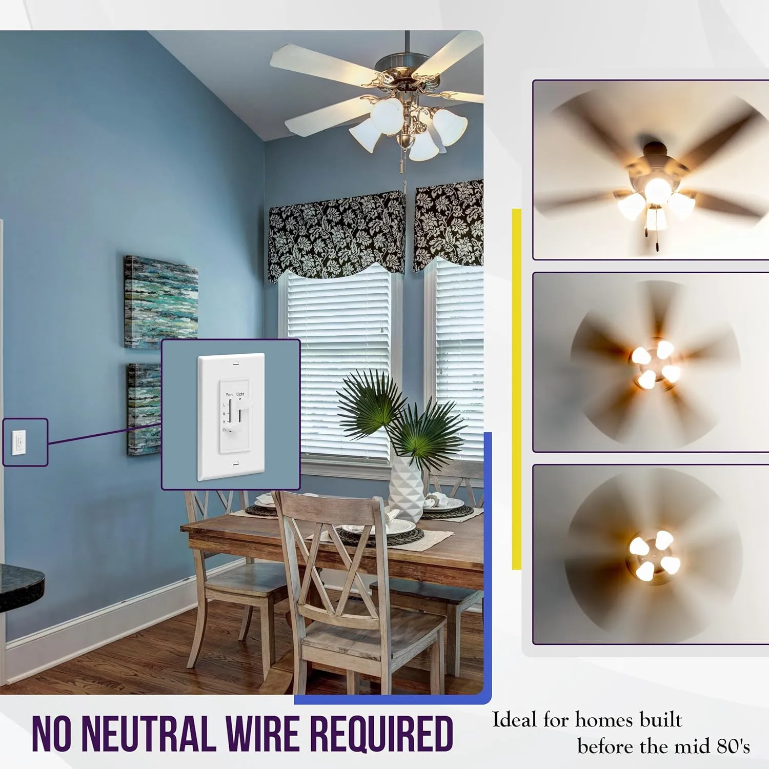 ENERLITES 3 Speed Ceiling Fan Control and Dimmer Light Switch, 2.5A Single Pole Light Fan Switch, 300W Incandescent Load, No Neutral Wire Required, 17001-F3-W, 120 Volts (AC), White, 2 Pack