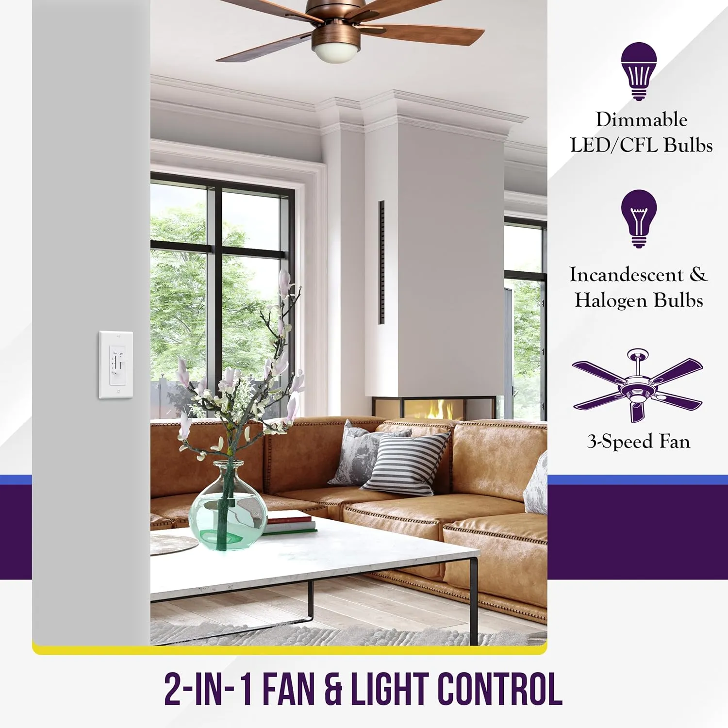 ENERLITES 3 Speed Ceiling Fan Control and Dimmer Light Switch, 2.5A Single Pole Light Fan Switch, 300W Incandescent Load, No Neutral Wire Required, 17001-F3-W, 120 Volts (AC), White, 2 Pack