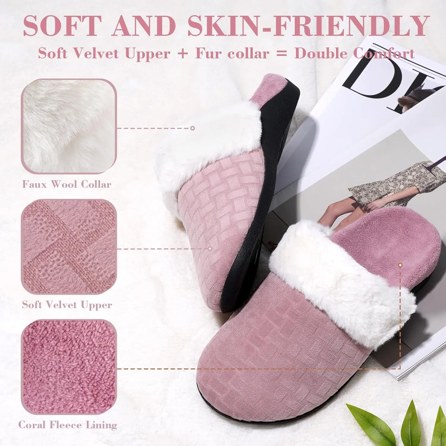 ERGOfoot Womens Orthopedic Fuzzy Slippers with Arch Support - Ideal for Plantar Fasciitis, Slip-On Bedroom House Shoes with Indoor/Outdoor Anti-Skid Rubber Sole