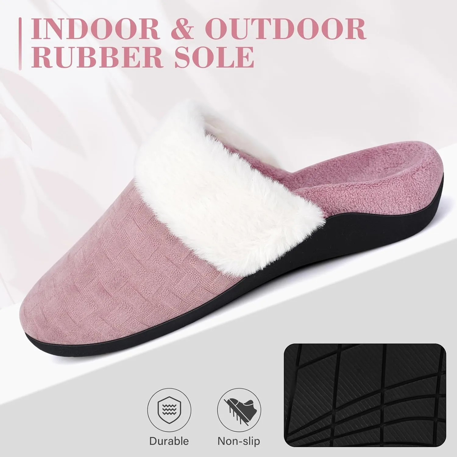 ERGOfoot Womens Orthopedic Fuzzy Slippers with Arch Support - Ideal for Plantar Fasciitis, Slip-On Bedroom House Shoes with Indoor/Outdoor Anti-Skid Rubber Sole
