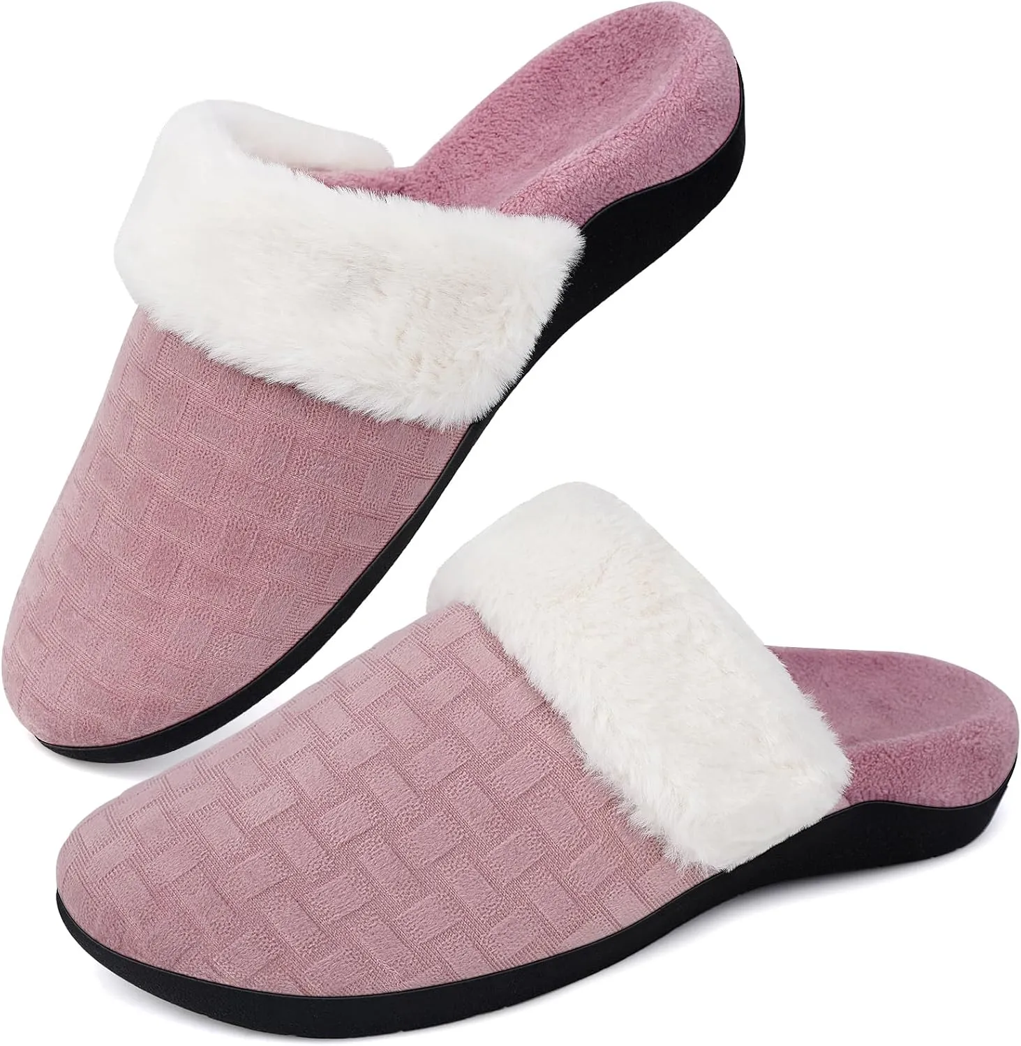 ERGOfoot Womens Orthopedic Fuzzy Slippers with Arch Support - Ideal for Plantar Fasciitis, Slip-On Bedroom House Shoes with Indoor/Outdoor Anti-Skid Rubber Sole