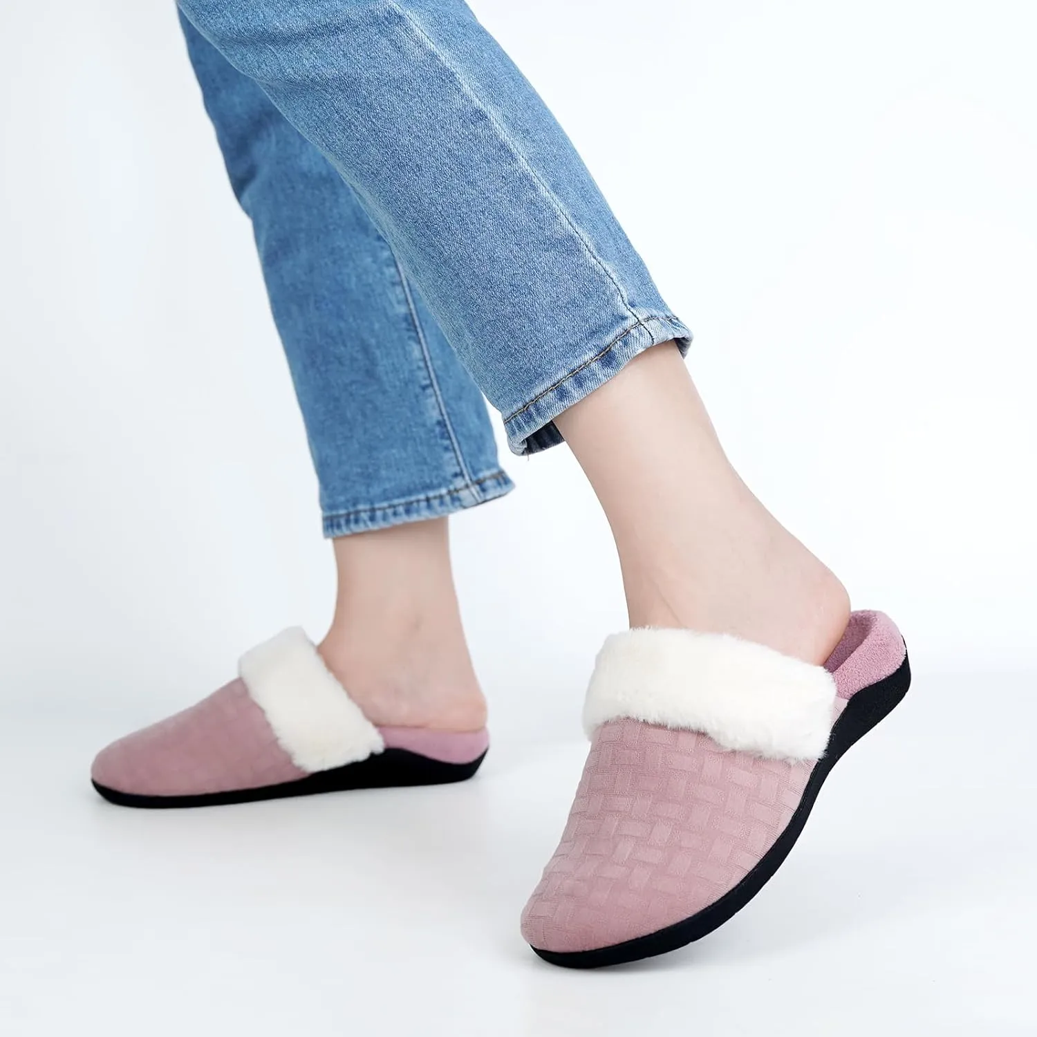ERGOfoot Womens Orthopedic Fuzzy Slippers with Arch Support - Ideal for Plantar Fasciitis, Slip-On Bedroom House Shoes with Indoor/Outdoor Anti-Skid Rubber Sole