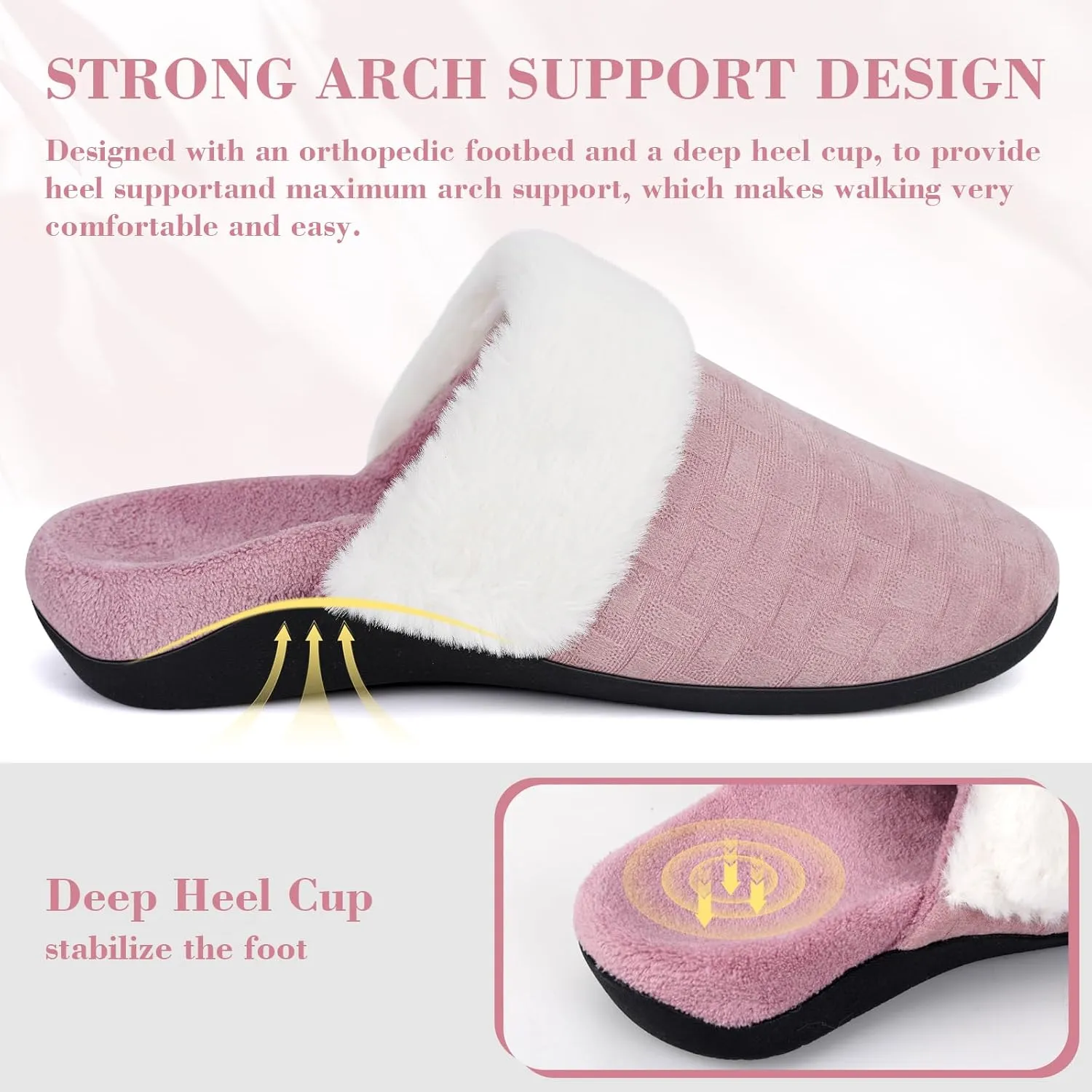 ERGOfoot Womens Orthopedic Fuzzy Slippers with Arch Support - Ideal for Plantar Fasciitis, Slip-On Bedroom House Shoes with Indoor/Outdoor Anti-Skid Rubber Sole