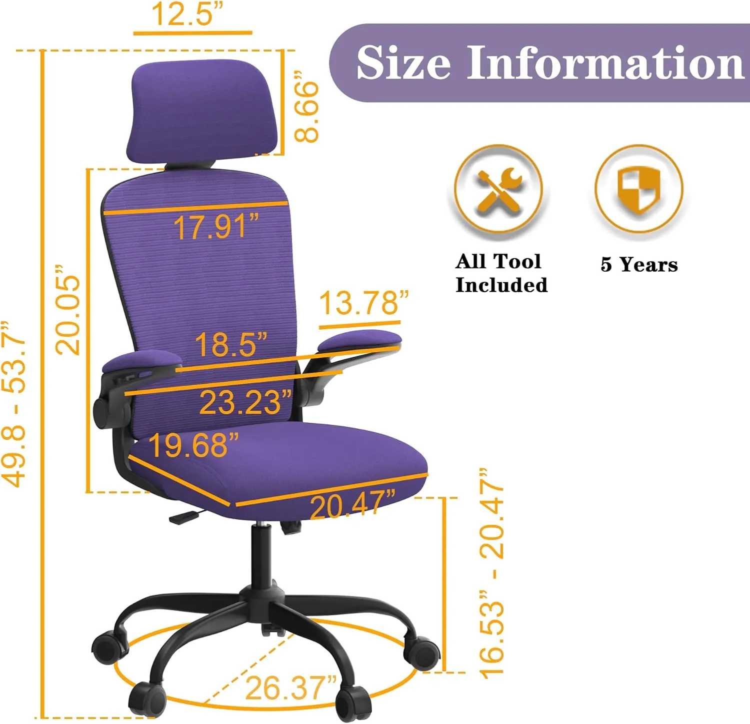Ergonomic Office Chair for Long Hours & Back Pain Relief – Adjustable Lumbar Support & Headrest, High-Density Foam Cushion, Flip-Up Armrests, Perfect for Work & Study, Purple